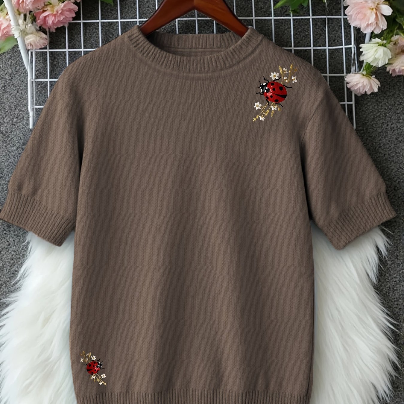 TEMU Printed Design â Not Textured, Women's Round Neck Short Sleeve Sweater, Casual Relaxed Outfit, Stretch Top