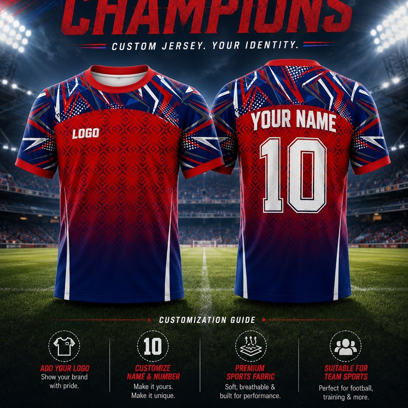 TEMU [printed Design – Not Textured] Red And Blue Gradient Personalized Custom Soccer Jersey, Logo And Player Name/number Printing Available,