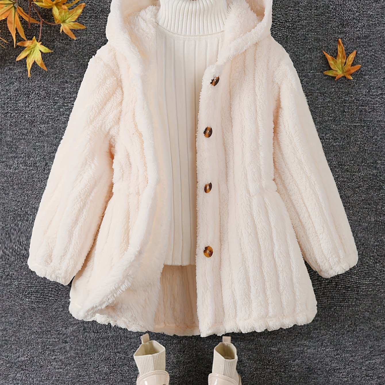 Elegant Solid Fuzzy Cardigan For Girls, Comfy Warm Long Sleeve Casual Hooded Outerwear, Girls Spring/ Fall Clothing
