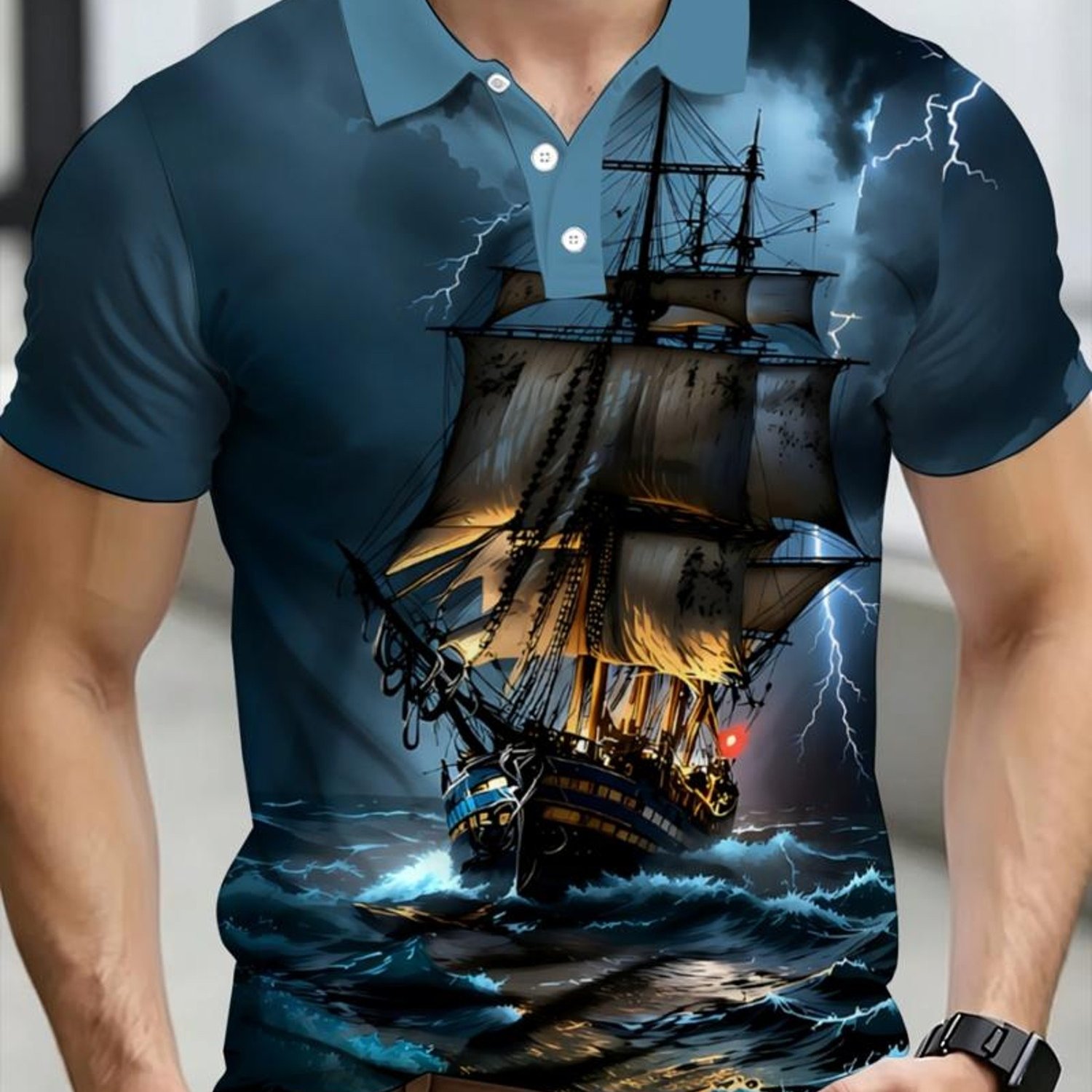 TEMU Men's Blue-collar Dark Base Color "storm " Ancient Sailing Ship Oil Painting Print Short-sleeve Shirt, Dark Nautical Style Casual Top