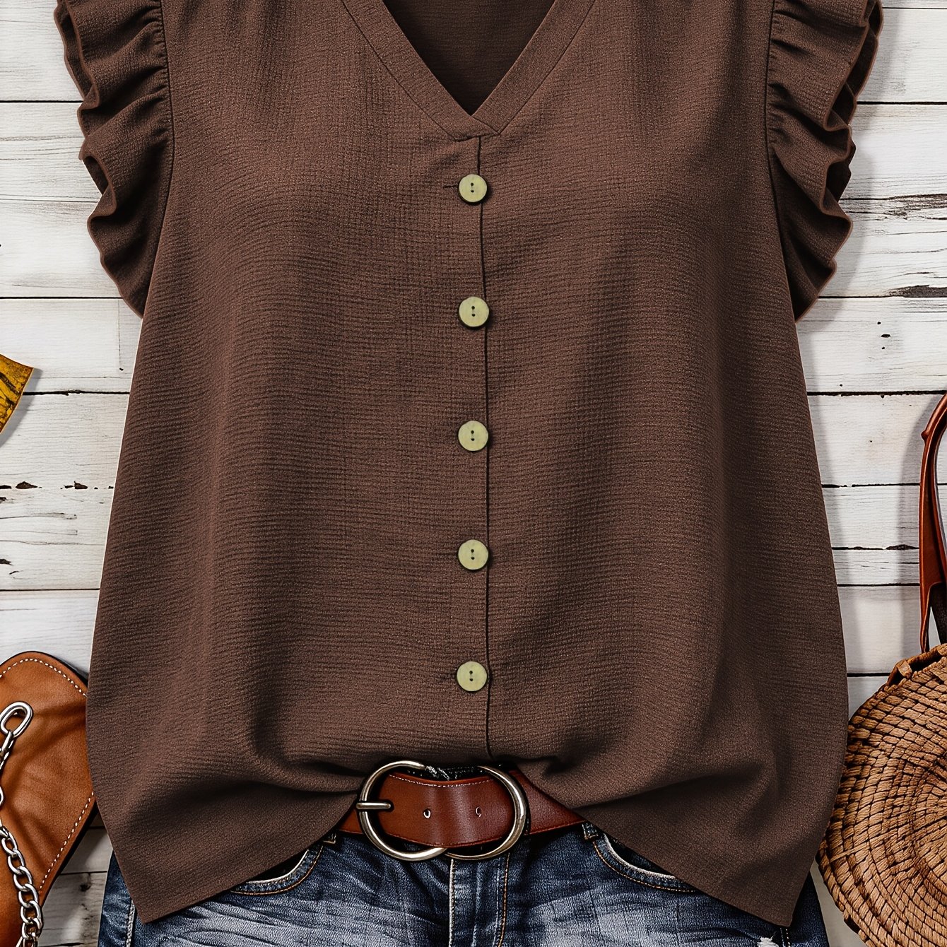 TEMU Plus Size, Plus Size Women's Fashionable And Comfortable Casual Solid Color V-neck Button-up Ruffle Sleeve Top, Women's Casual Minimalist Shirt,