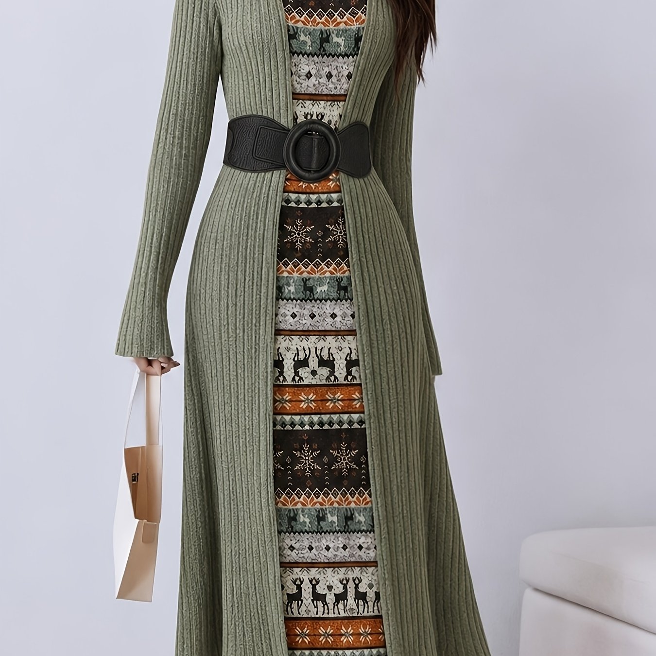 Long-sleeve Ribbed Dress For Autumn And Winter Commutes