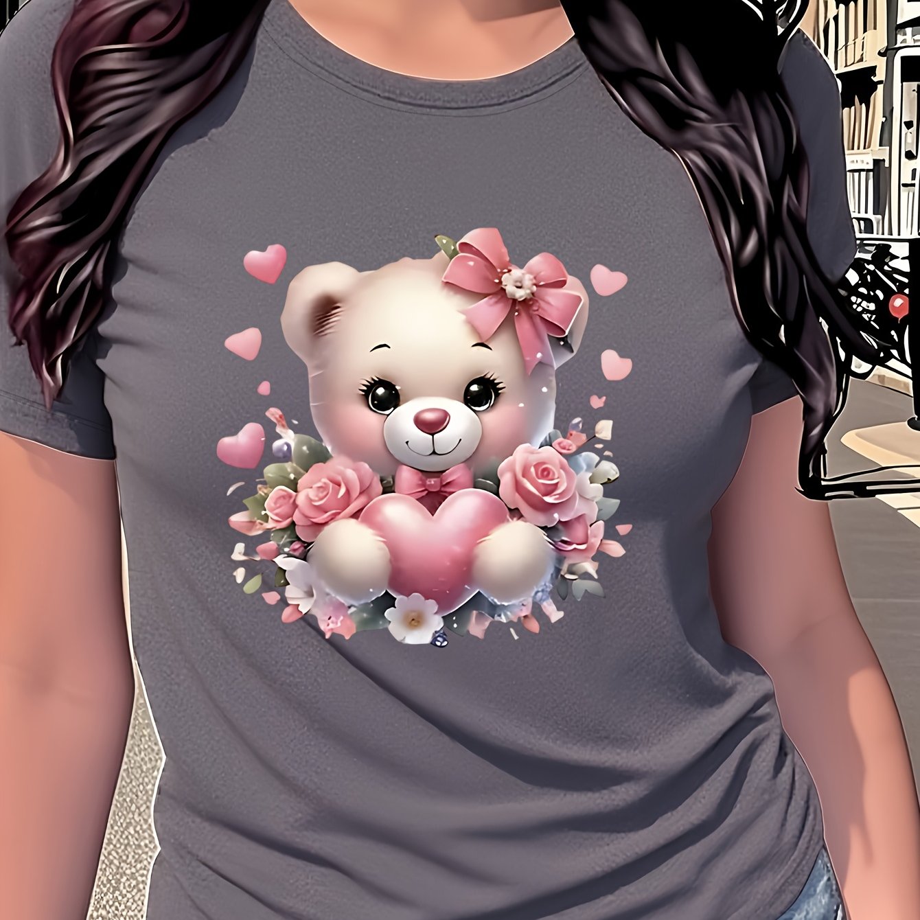 TEMU Cute Cartoon Bear Roses Heart Print T-shirt, Short Sleeve Crew Neck Casual Top, Women's Clothing , , Perfect For Spring Summer Daily Wear,