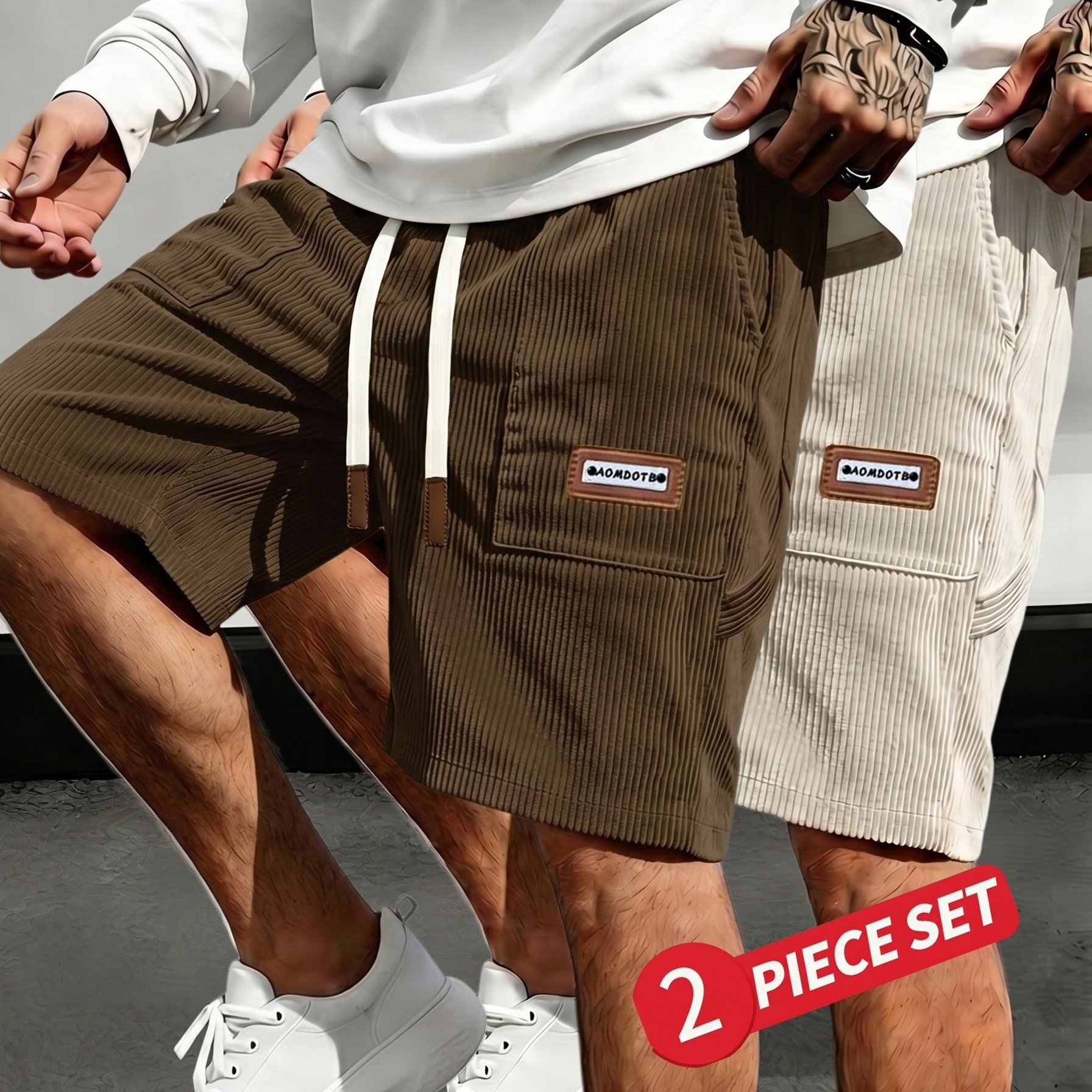 TEMU 2pcs Men's Corduroy Shorts Plus Size Big & Tall - Adjustable Drawstring Waist & Back Tie Closure, Corduroy Fabric Suitable For Daily Wear,