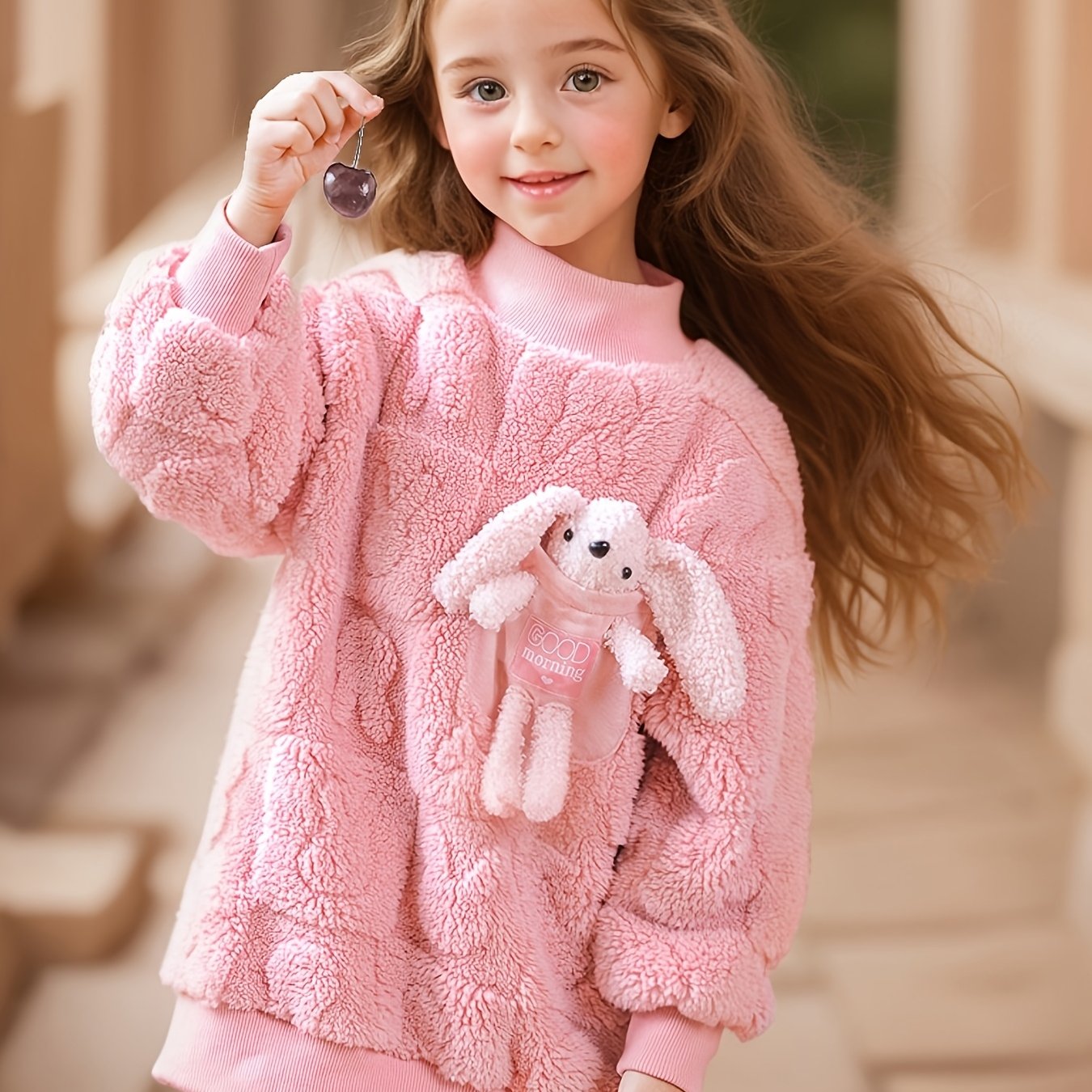 601099745855689girls' Cute Bunny Plush Square Rabbit -faced Fleece Mid-long Style Sweatshirt