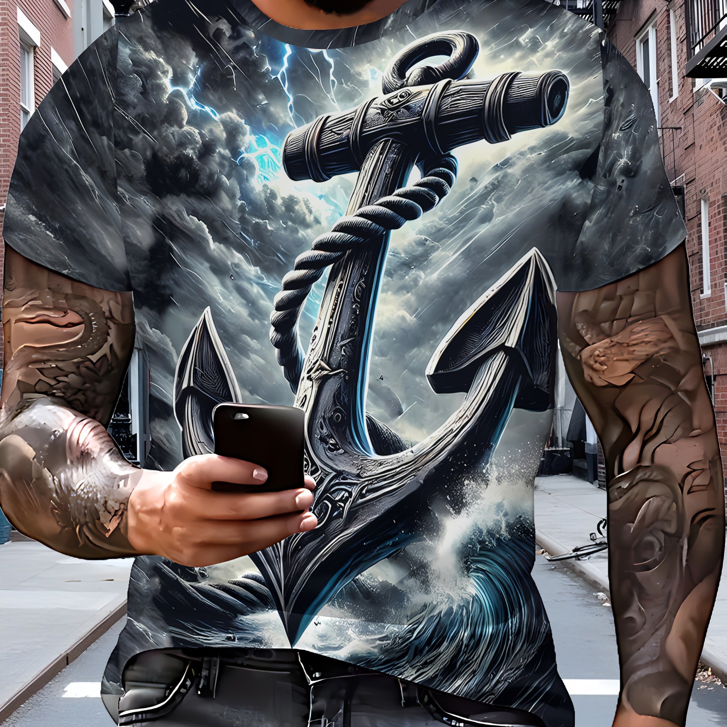 TEMU Men's 3d Printed Nautical Anchor And Wave Pattern T-shirt - Breathable Polyester, Loose Fit Short Sleeve, Machine Washable Summer Casual Top,