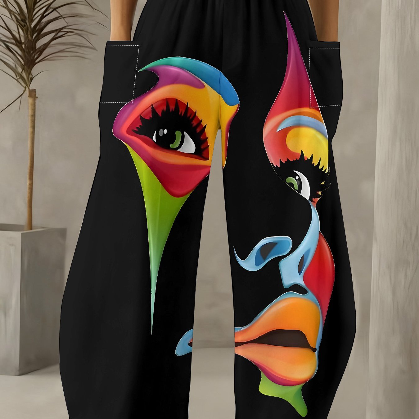 TEMU Women's Plus Size Wide-leg Pants With Full-body Abstract Face Print - Wide-stretch & Pockets, & Christmas Outfits, Elegant Trousers Suitable For