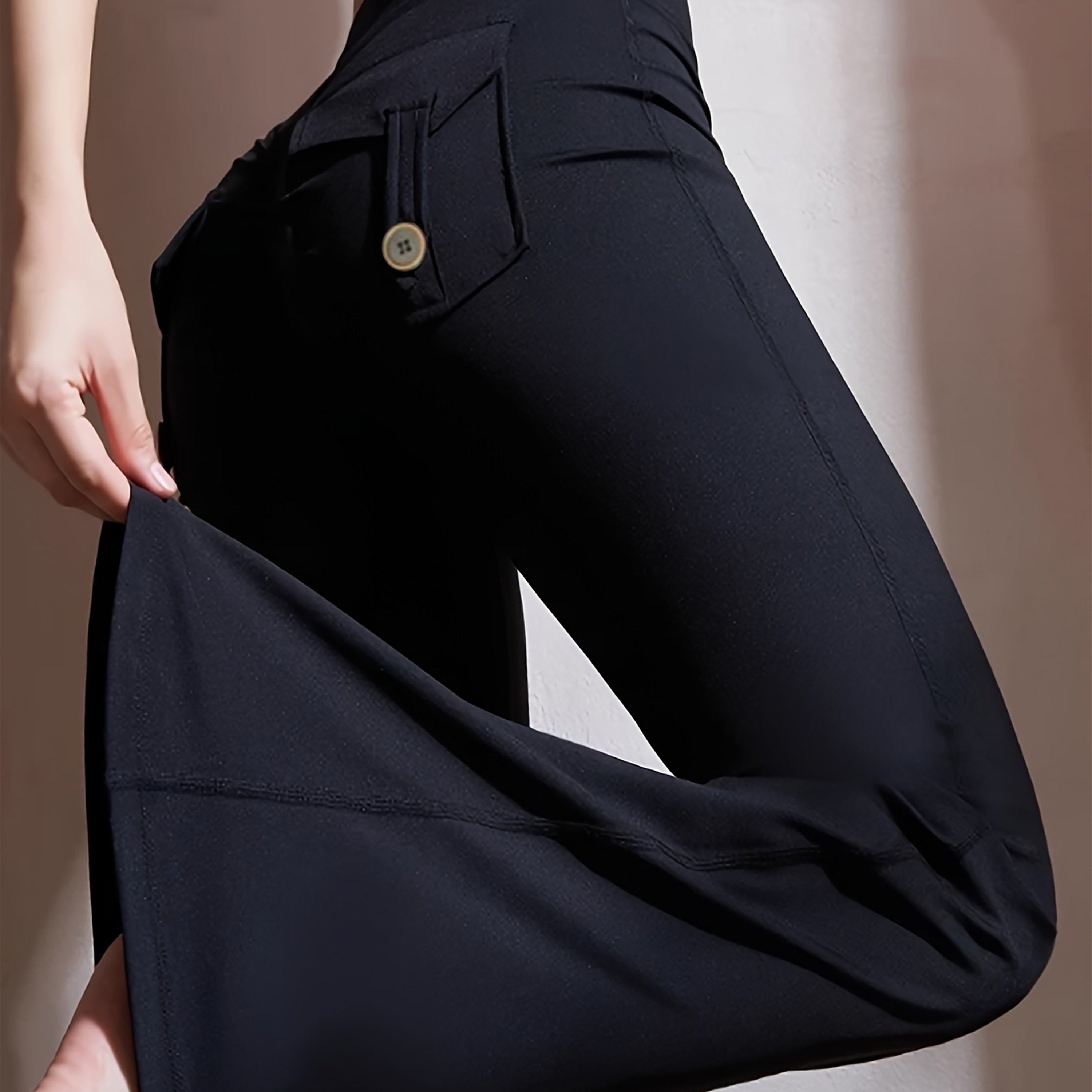 E-shop Damen Schwarze Schlaghose mit hohem Bund, dehnbare, figurbetonte Herbst-Leggings mit Po-Lifting und Falstaschen