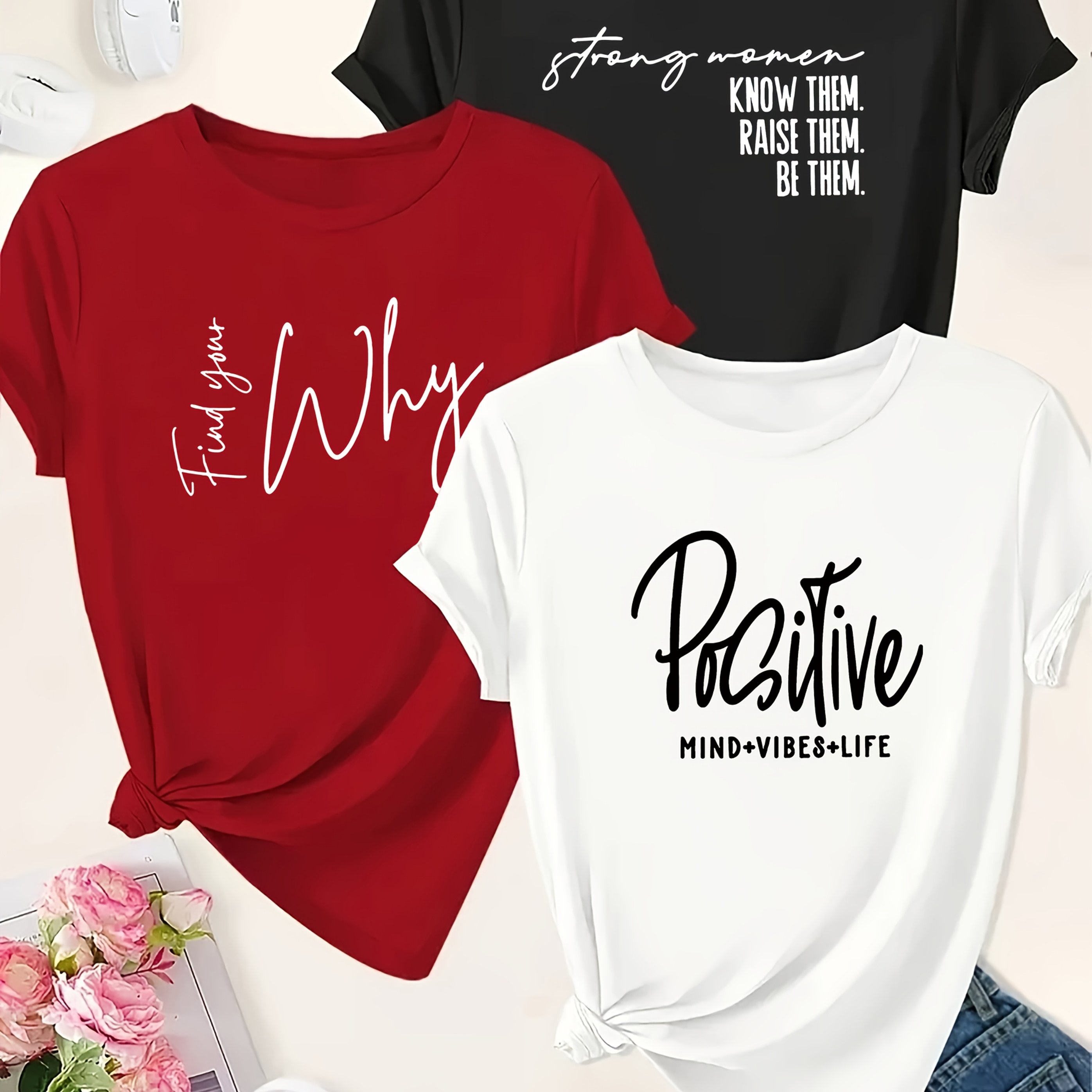 TEMU 3pcs Women's Casual Graphic T-shirt Set - "strong Women Them, Them" Black, " Why" Red, "-vibes-life" White, Short Sleeve, Round Neck, , Casual