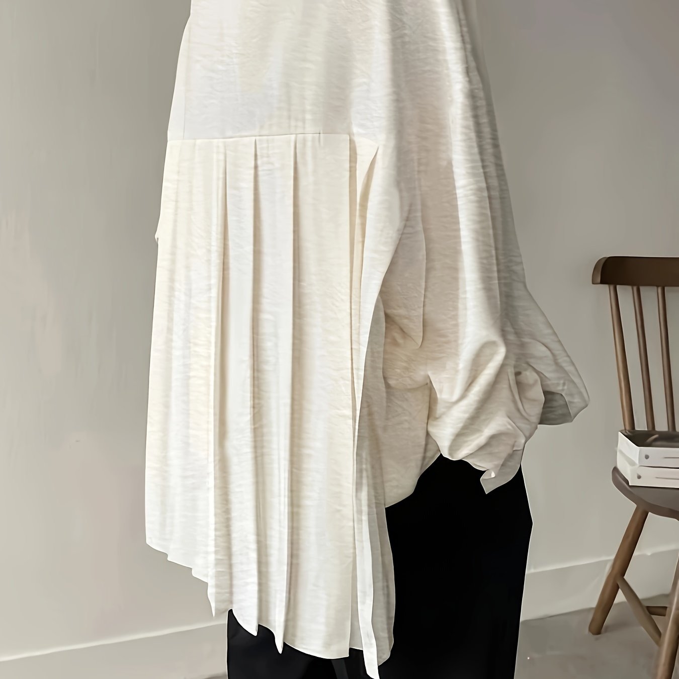 Simple Long-sleeve Loose Button-up Pleated Solid Color Collar Shirt Top