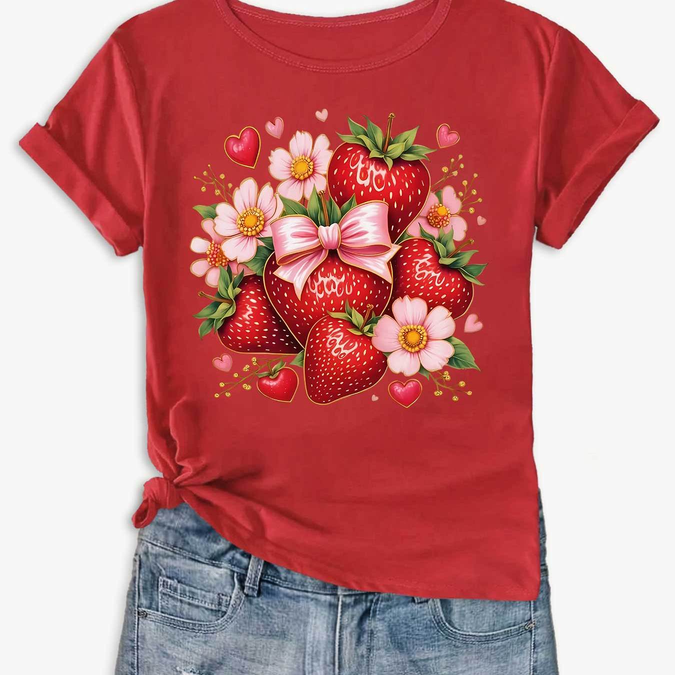 TEMU Women's Strawberry & Floral Blouse Style Short Sleeve Round Neck Blouse Suitable For Sports,, Home Top - Breathable Soft Stretchy Machine