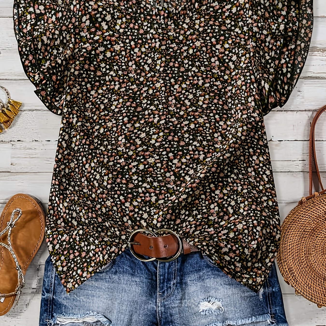 Women's Casual Floral Print Shirt With A Stand Collar And Double-layered Sleeves