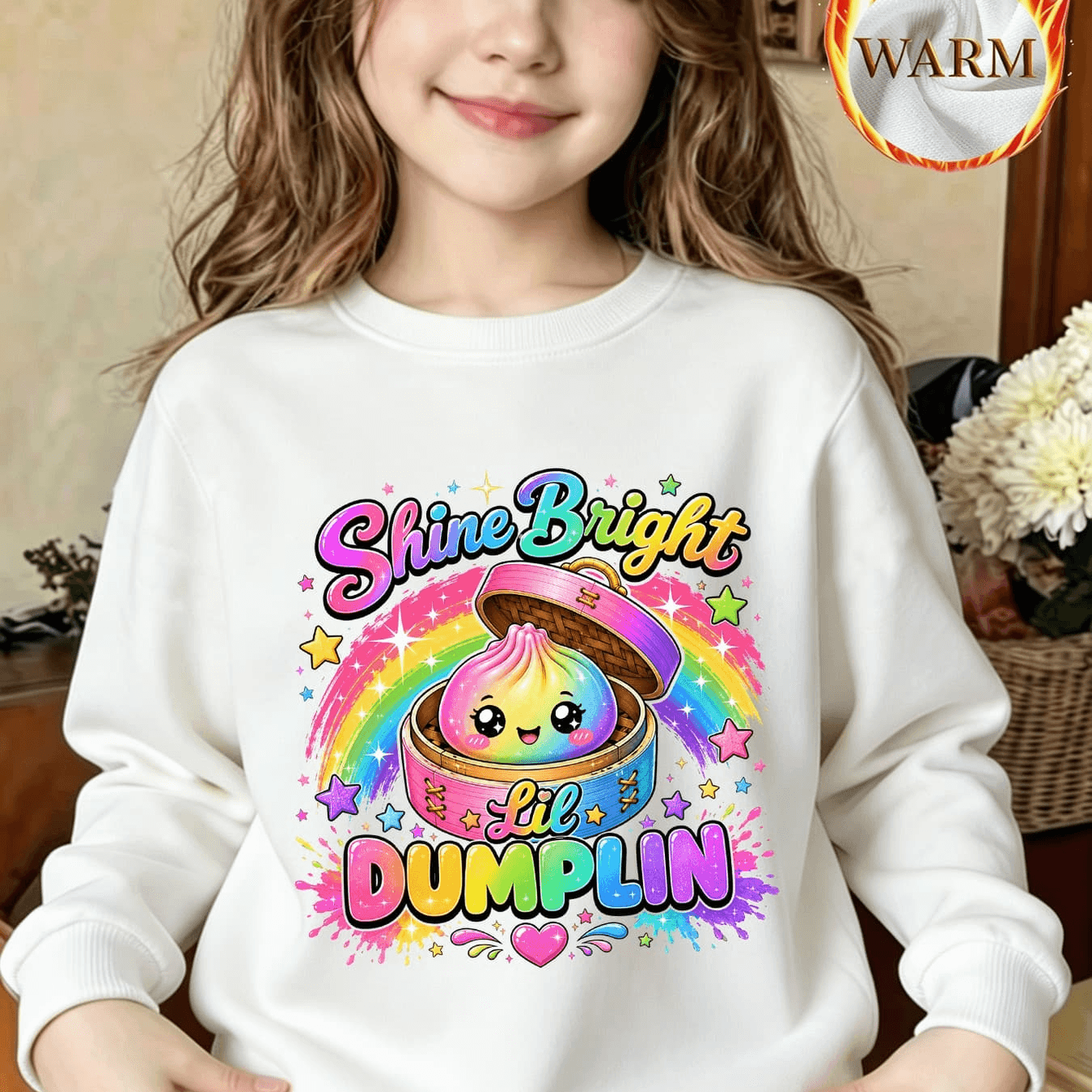 Image of Kids Girls Round Neck Sweatshirt Shine Bright Lil Dumplin Rainbow Cupcake Print Pure Cotton Terry Thickened Autumn Winter Casual Daily Wear