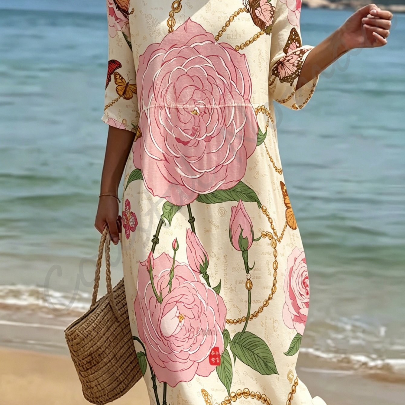 Women's Style Dress, Round Neck And Three-quarter Sleeves, Made Of Breathable And Lightweight Polyester Fabric, This Midi Dress Features A Large Pink Floral Print, Exuding And .