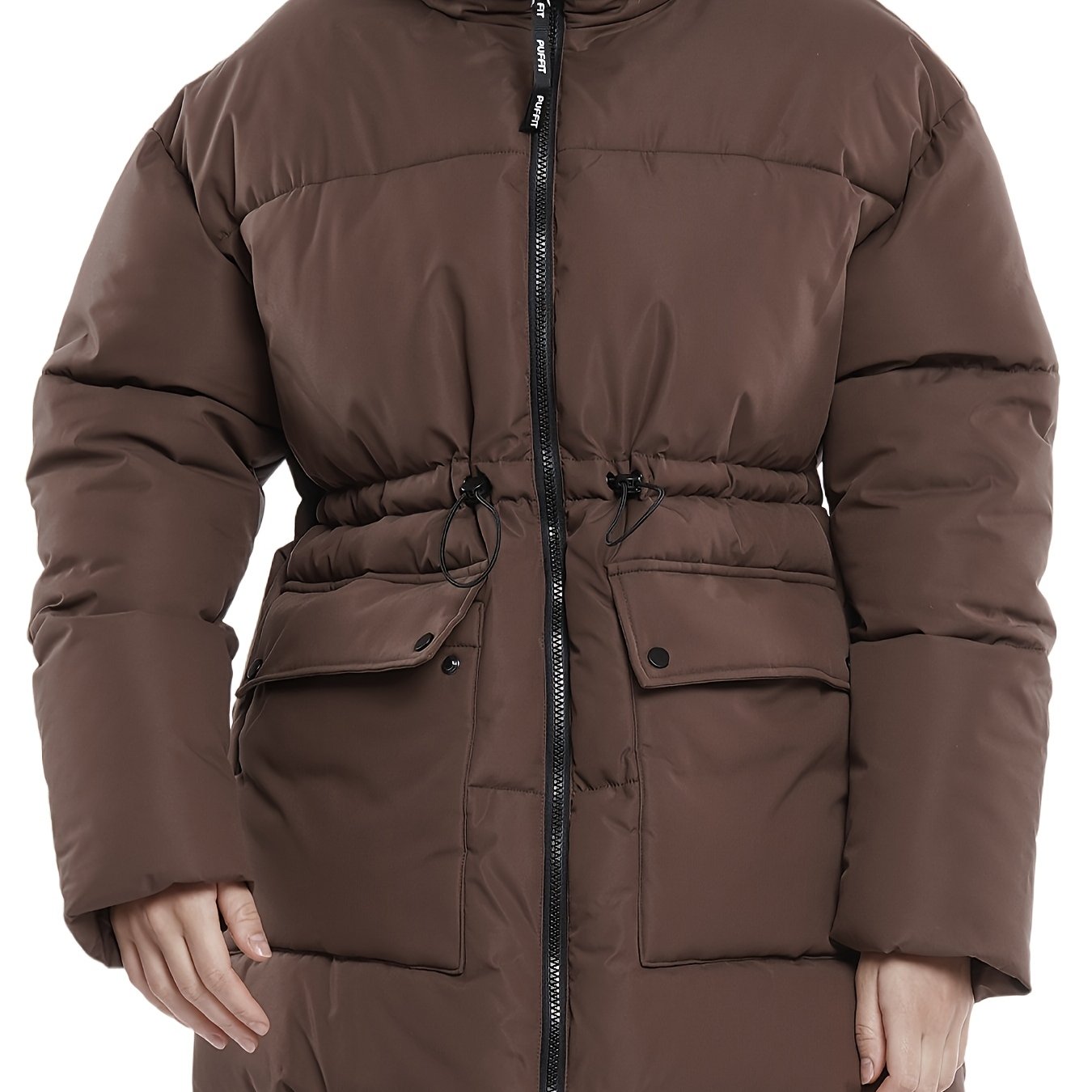 Mid Length Waist Drawcord Jacket Women Hood Winter, Ladies Coat Big Pocket With Waist Drawcord.