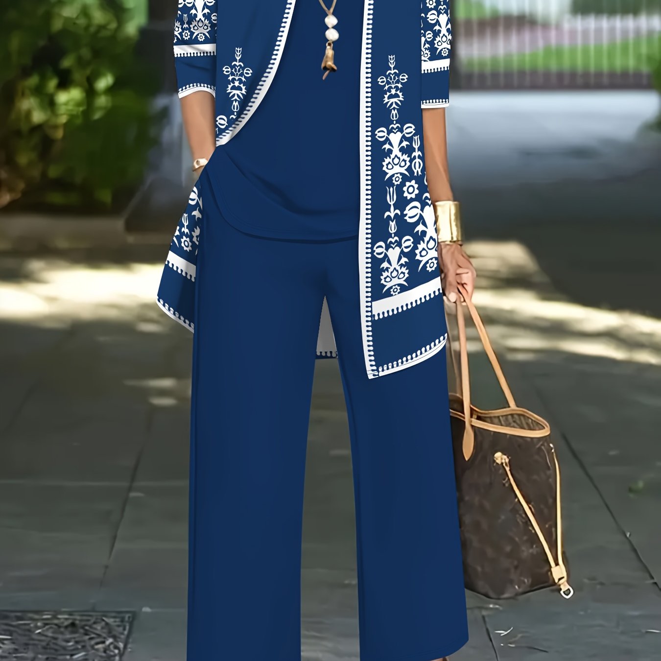 Image of 3pcs Women's Suit: Cardigan Ethnic Print Jacket With Vest Top And Elegant Casual Trousers, A Must-have For Everyday Wear