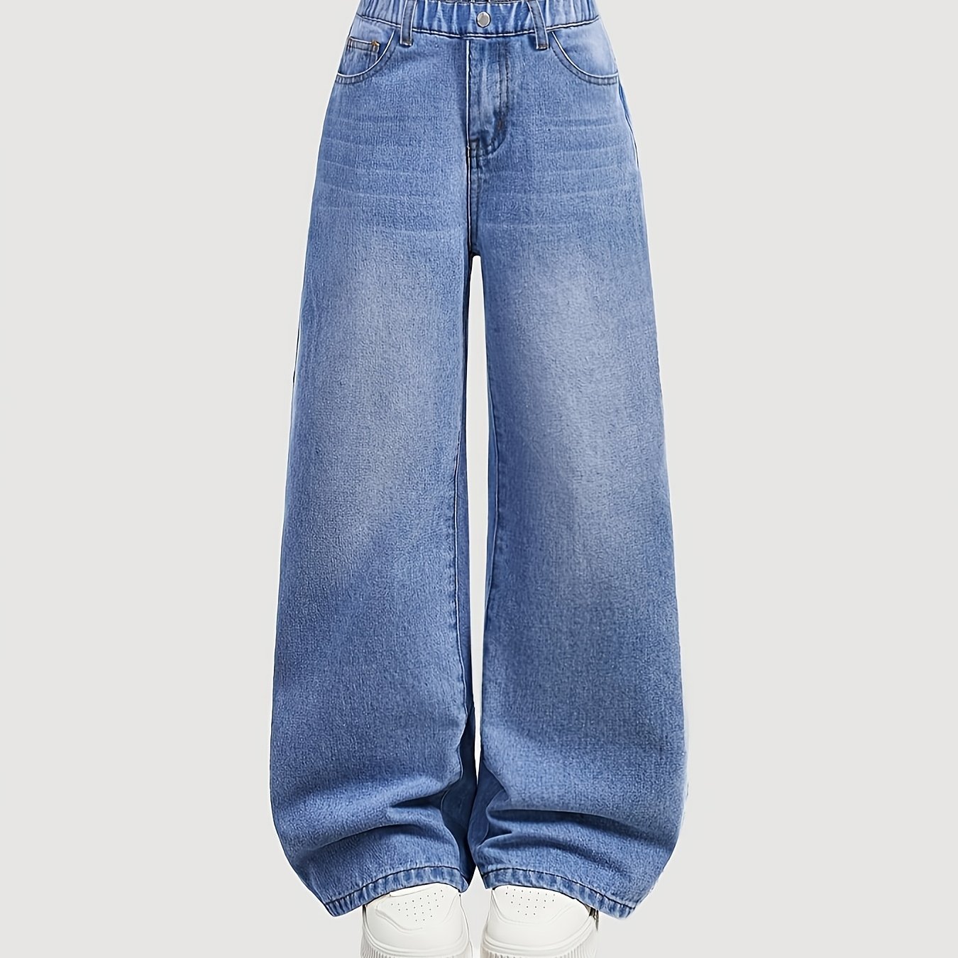 Girls' High-waisted Washed Vintage Jeans - Wide-leg Y2k Streetwear Pants With Elastic Waist & Belt, Non-stretch For Kids, Casual, Outfits & Casual Attire (machine Washable) - Teen Trousers
