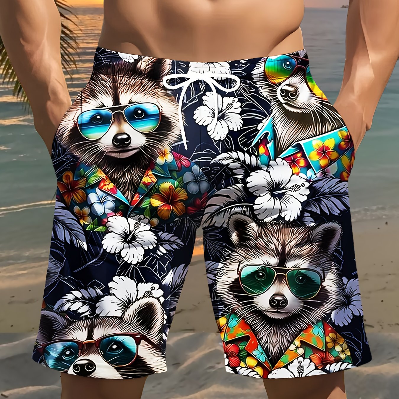 TEMU Men's Tropical Raccoon Shorts - Lightweight Fiber Drawstring Waist Casual Swim Trunks, Suitable For Summer, Golf, Fishing, Basketball, Camping