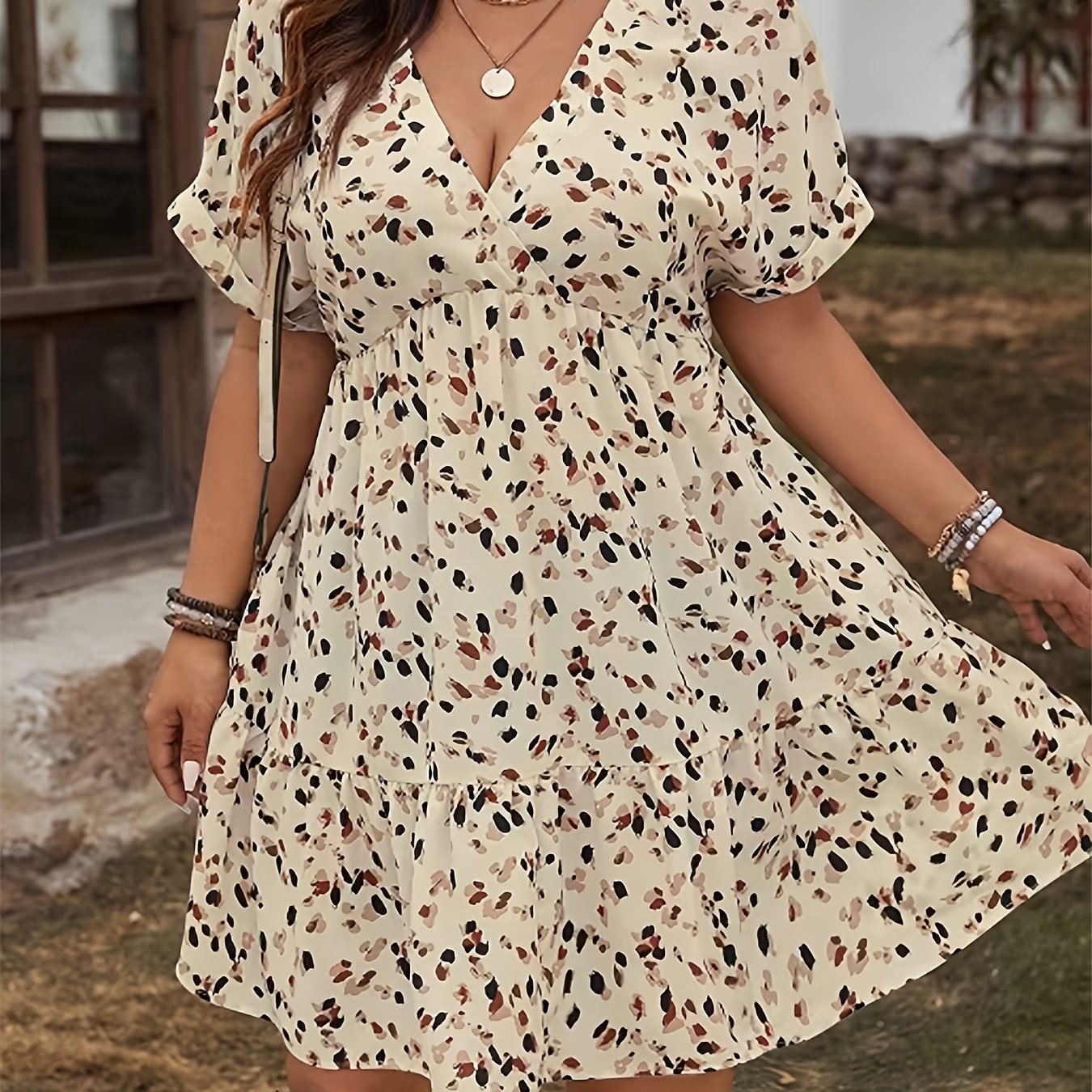 E-shop Plus Size - Plus Size - Plus Size Damen Geometrischer Druck Lockerer V-Ausschnitt Lagen A-Linien Rock | Geeignet für Urlaub, Freizeitaktivitäten