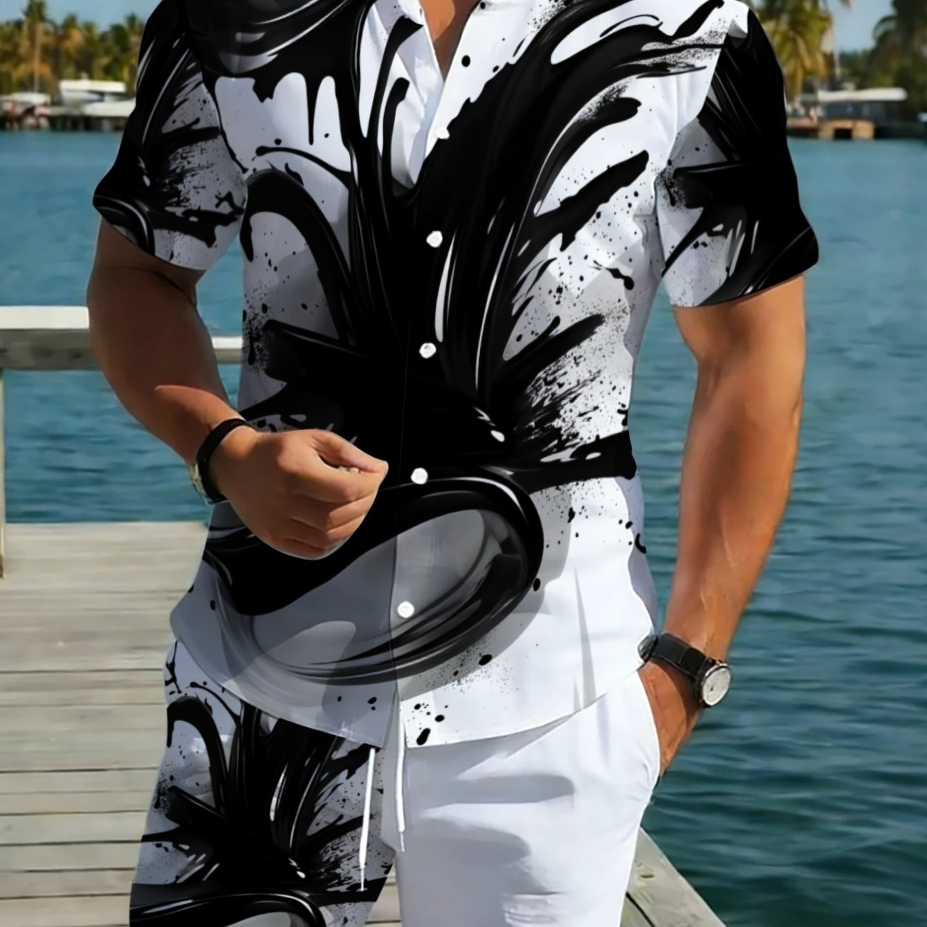 TEMU Men's Short-sleeve Shirt And Matching Shorts Featuring A Black And White Abstract Pattern, Made From Lightweight Polyester, Ideal For Casual