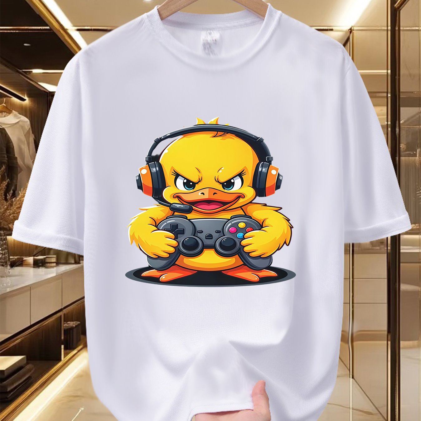 TEMU Men's Gaming Duck Character T-shirt - Soft Breathable 100% Polyester Crew Neck Short Sleeve Summer Shirt With Vibrant Duck Print Suitable For ,