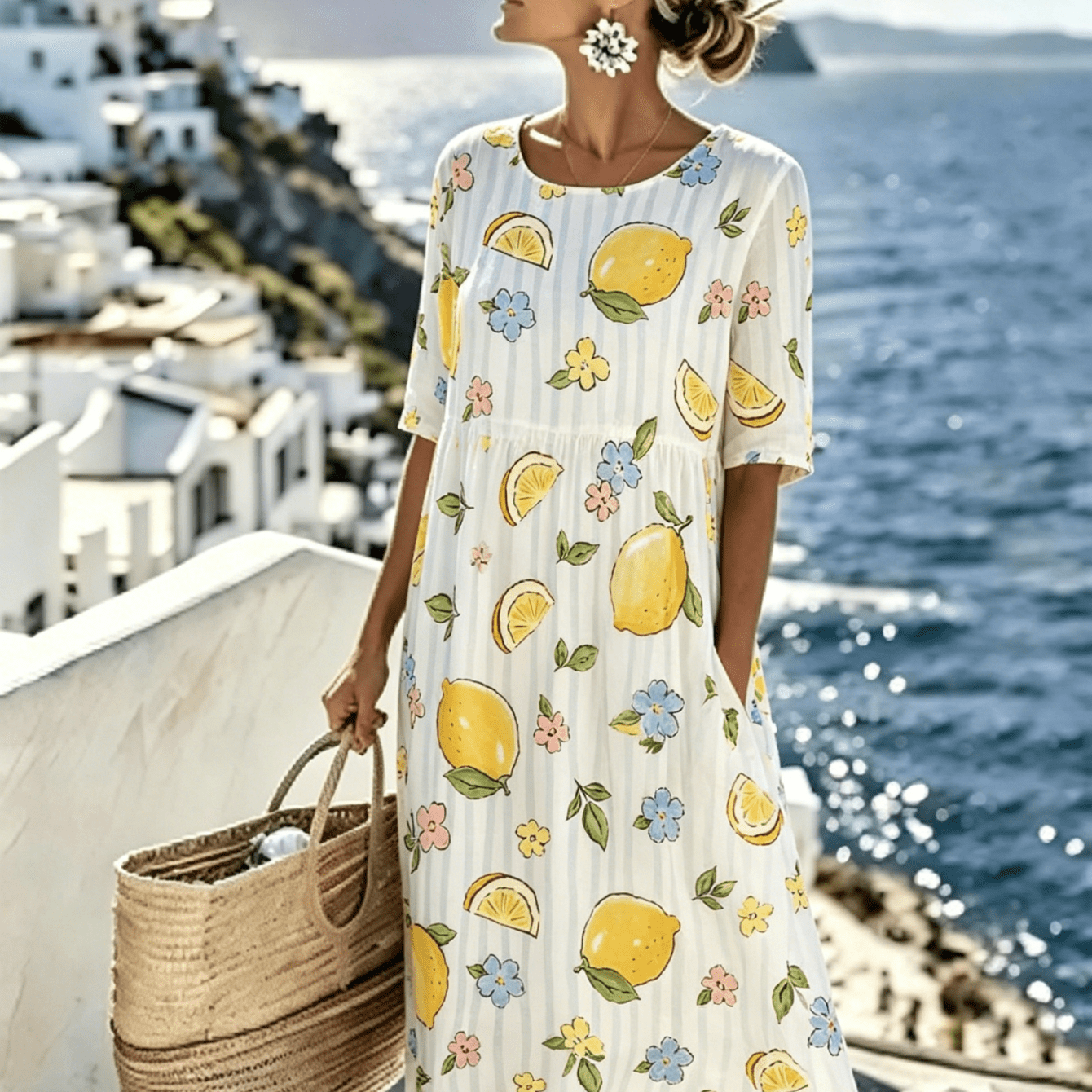 Image of Women's Summer New Half-sleeve Dress, Lemon Floral Print, Round Neck Waist A-line Skirt, Loose Casual Vacation Long Dress