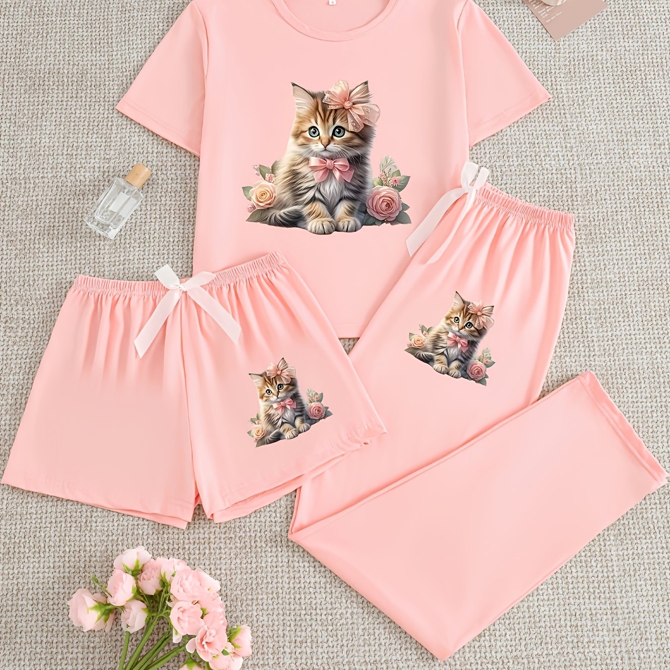 TEMU Cute, Beautiful And Cute Cat Pattern, Pink Feature Fashionable Short Sleeved Shorts, Long Pants, White Bow, Soft Fabric, Elegant, Machine