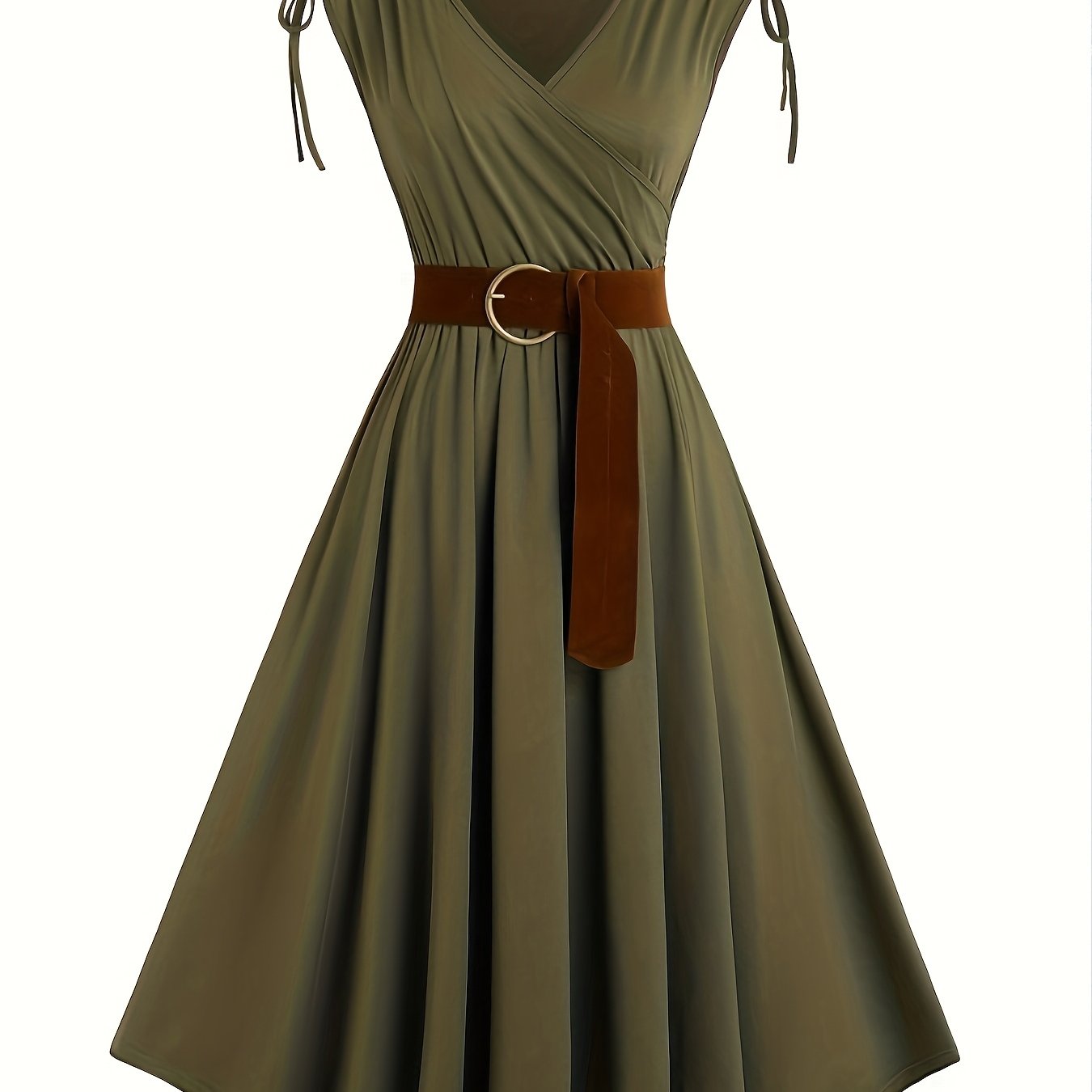 Belted Ruched Solid A-line Dress, Elegant Surplice Neck Sleeveless Dress For , Women's Clothing