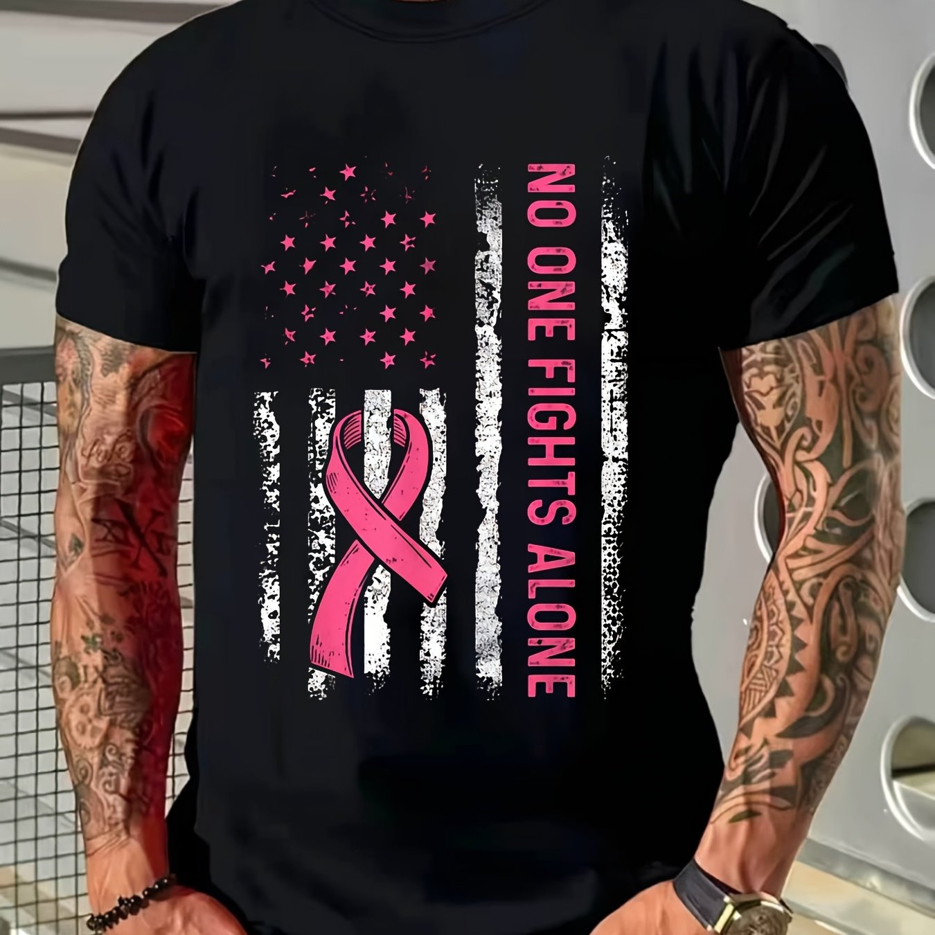 TEMU Men's Breast Awareness Tshirt American Flag Pink Ribbon No 1 Alone Slogan Black With Pink Ribbon Design Short Sleeve Casual Athletic Shirt For