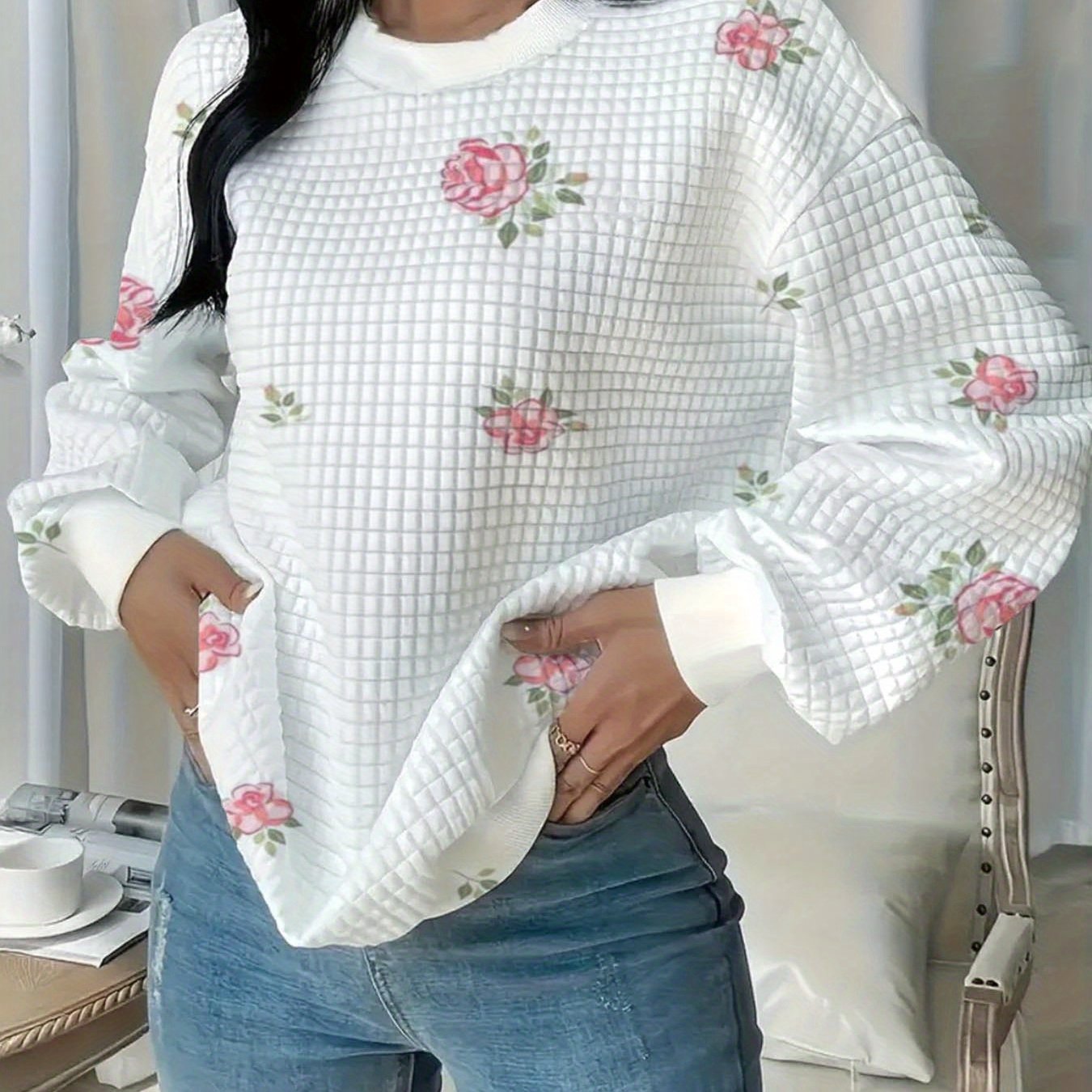 TEMU Plus Size - Plus Size - Plus Size Waffle Round Neck, Casual Long Sleeved Printed Hoodie, Suitable For Autumn And Winter, Women's Plus Size Clothing 0xl-5xl