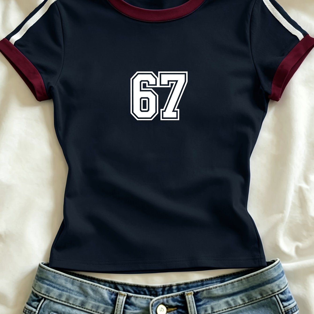 TEMU Retro Easy Versatile 67 Number Pattern, Casual Streetwear Spring Summer New Short Sleeve 1pc Women's T-shirt