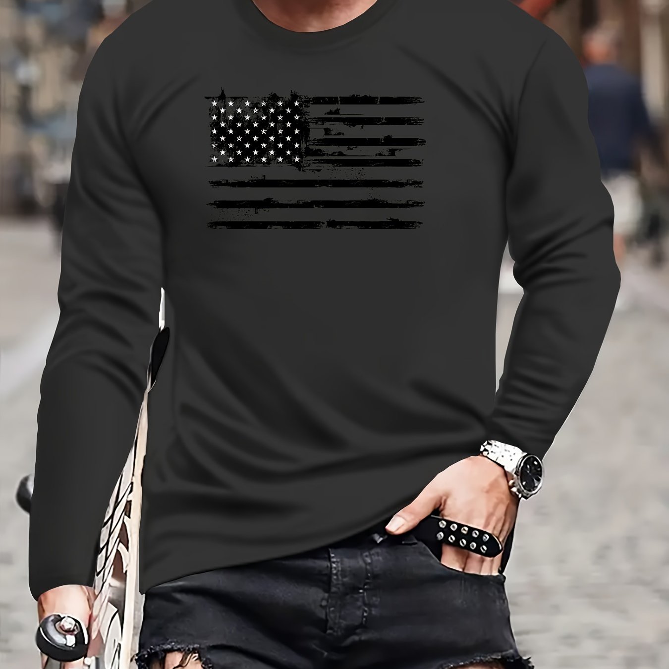 TEMU Men's Patriotic Flag Print Long Sleeve T-shirt - Casual, Comfortable & Breathable Polyester Blend, All