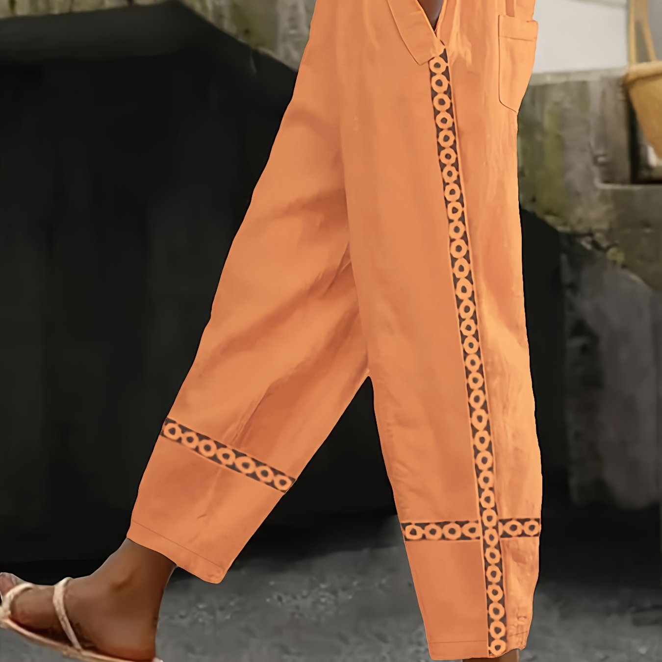 E-shop Damen Einfarbige Freizeit-Strandhosen, Sommerliche Lockere Spitzen-Patch-Gerade-Bein-Hose mit Elastischem Bund, Seitentaschen,