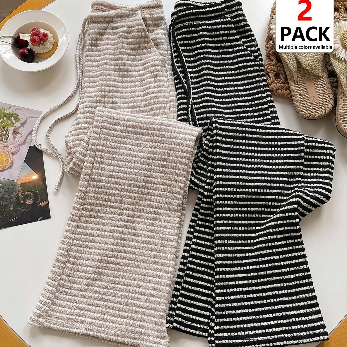 TEMU Christmas, New Year, Thanksgiving, Valentine's Day 2pcs Casual Pants, Striped Long Pants, Drawstring Waist With Pockets, Multi-season Vacation
