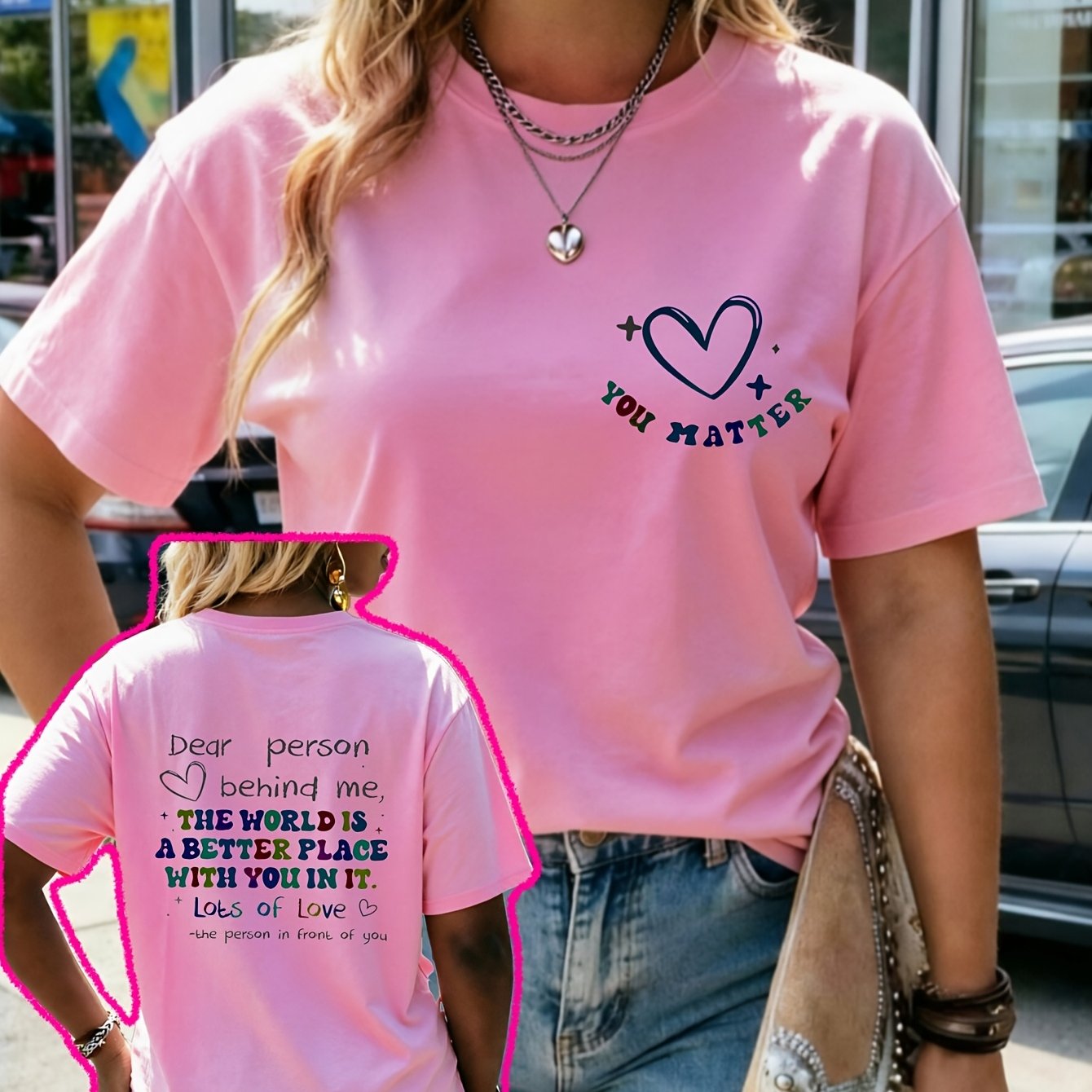 TEMU Women's Pink Double-sided Print Short Sleeve T-shirt With Dopamine Colors And Quotes, Gentle , Versatile Bff Matching Tee