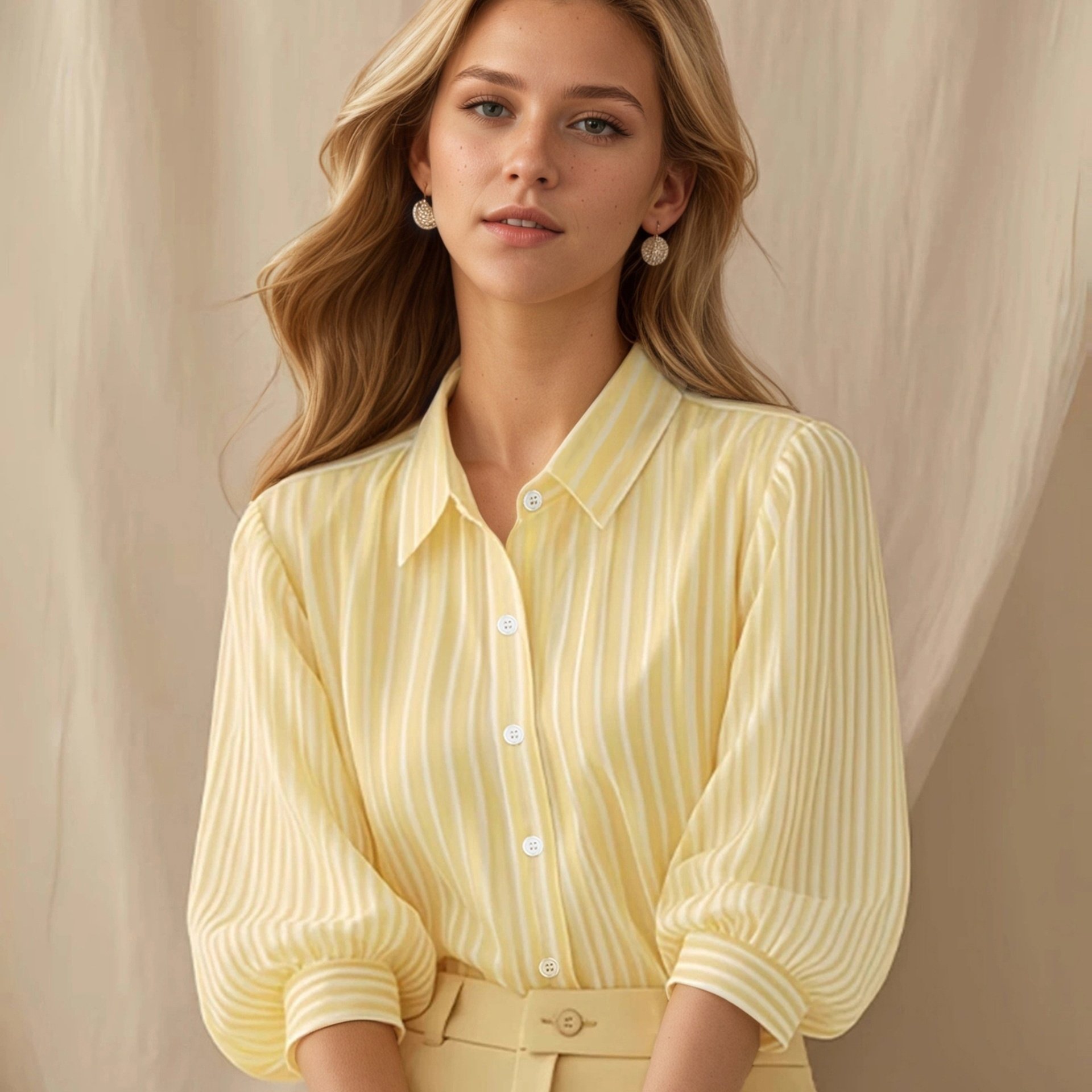 TEMU Yellow Collar Three-quarter Sleeve Shirt, Women's Long Sleeve Regular Shoulder 2026 New Style Early Summer Korean-style And Top, High-quality