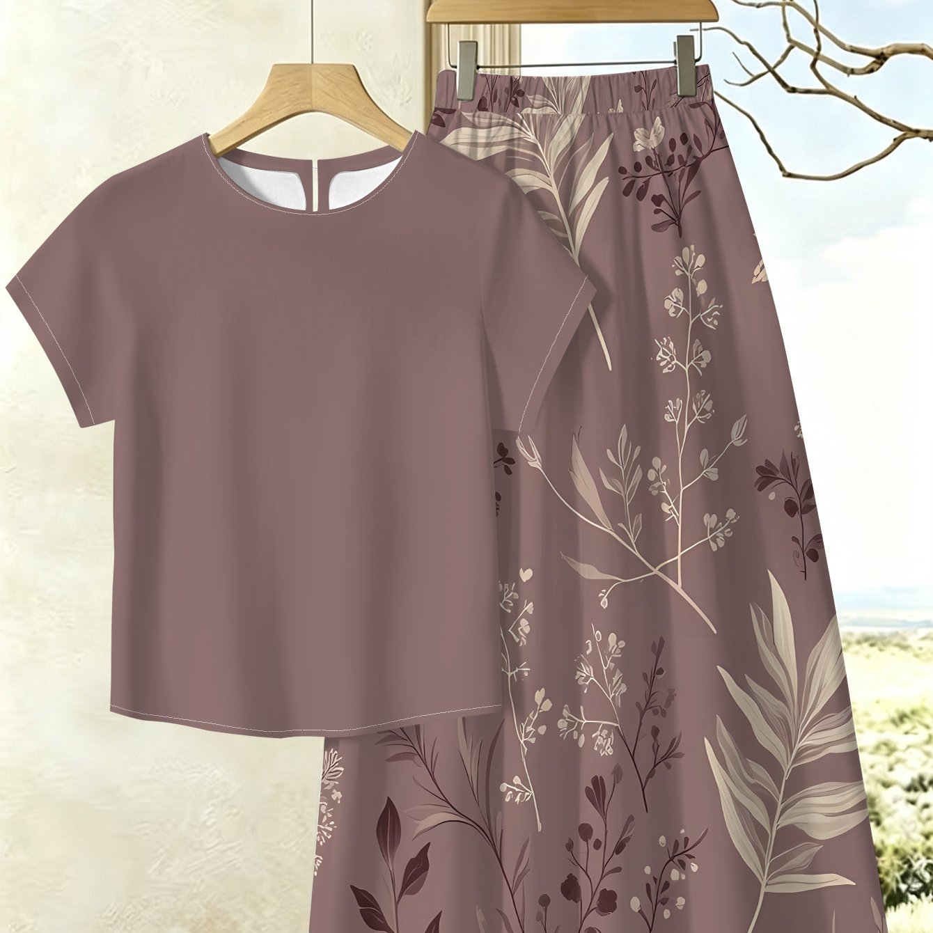 TEMU Round Neck Short Sleeve 2pcs Set For Women, Dusty Purple Easy Solid Short Top And Matching Morandi Plant Branch Leaf Print Elastic Waist Flared