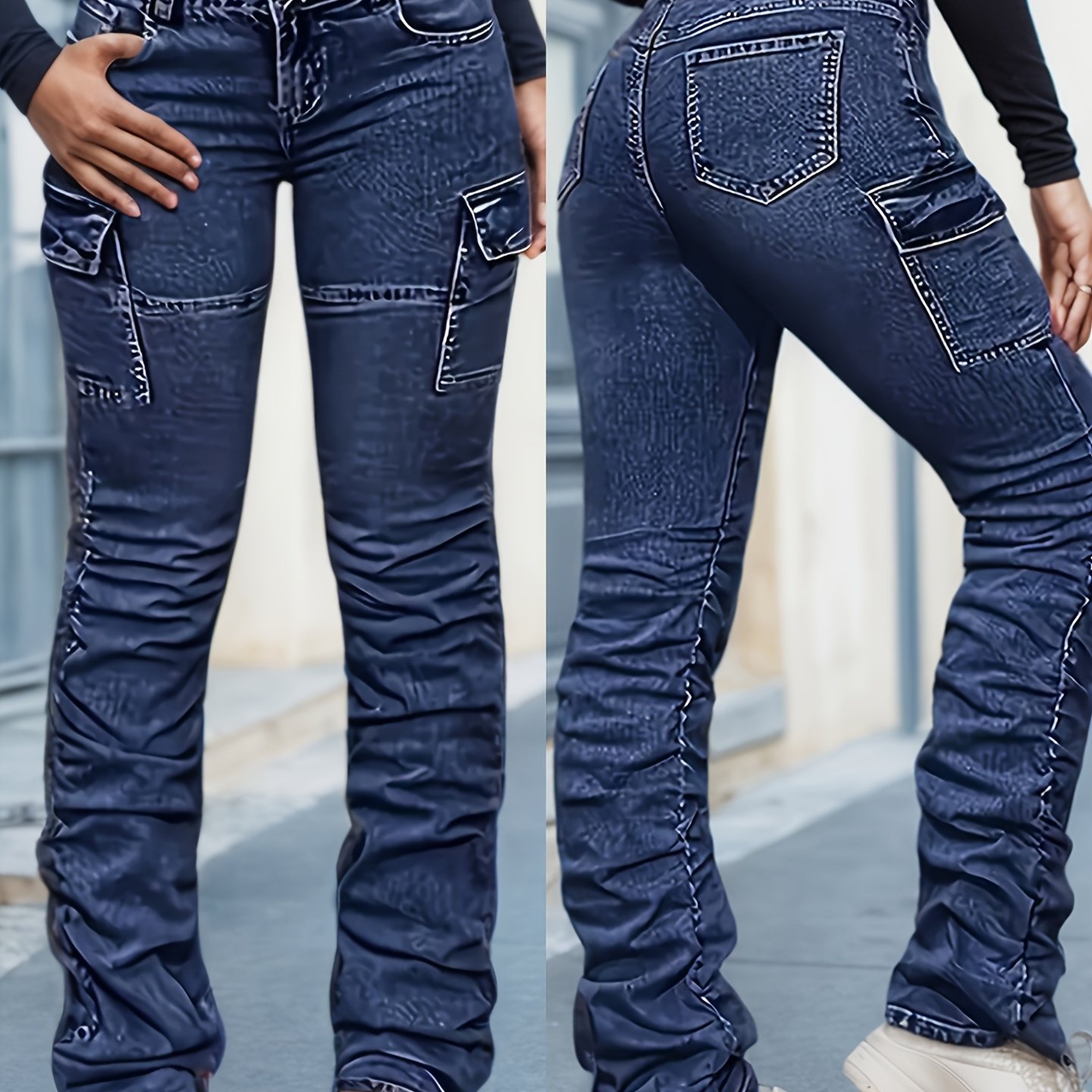 TEMU 1pc Women's High Waist Denim Pants - Full-length Trousers With Beltless Button Closure, Mid-rise Stretch Jeans Suitable For , Machine Washable