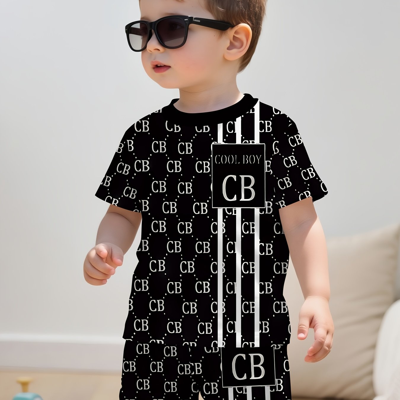 2pcs Summer New Boy's Casual Sporty Fashion Black And "cool Boy" Printed Crewneck T-shirt And Shorts Set, For Outdoor