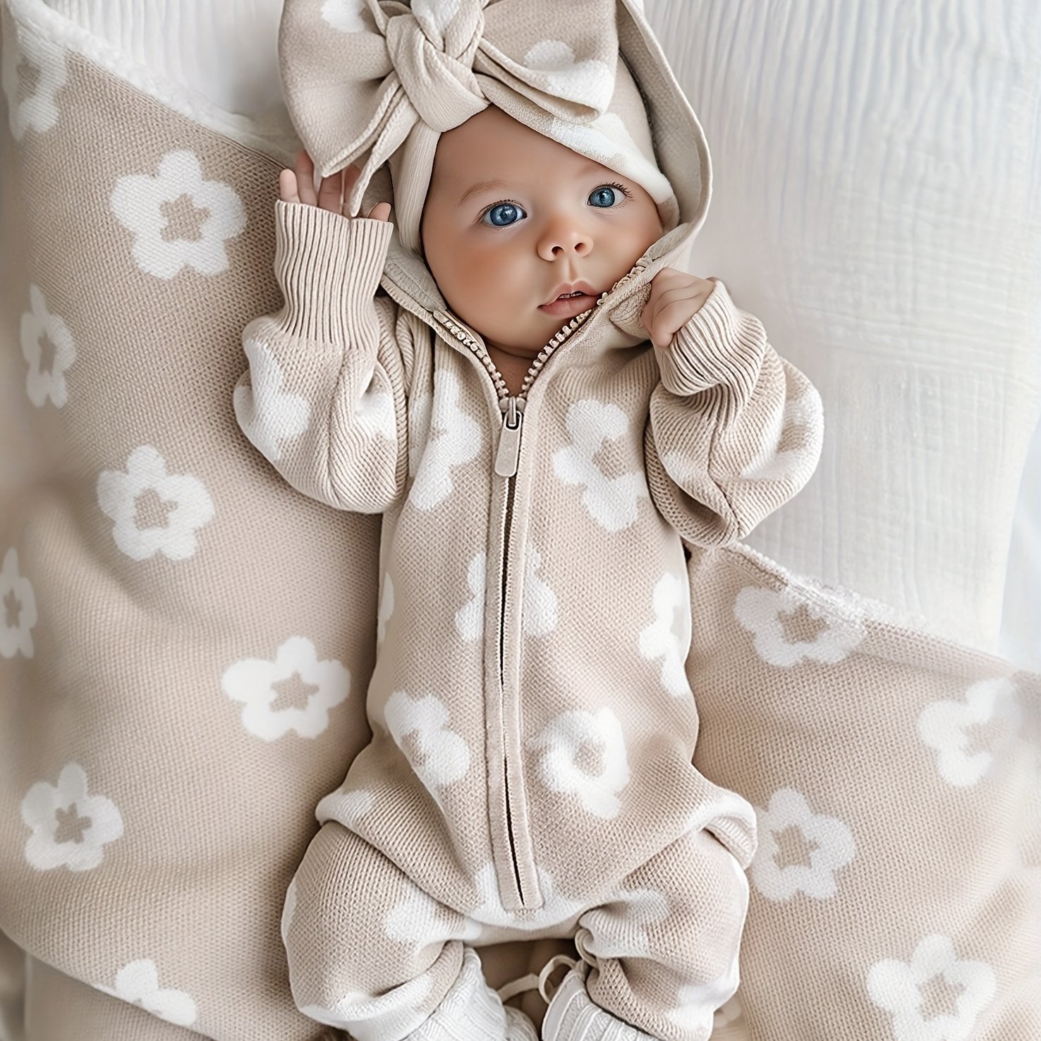 Image of Autumn/winter Jacquard Floral Knit Hooded Long Bodysuit Romper For Boys And Girls, Infant Sweater Onesie, Accessories Not Included