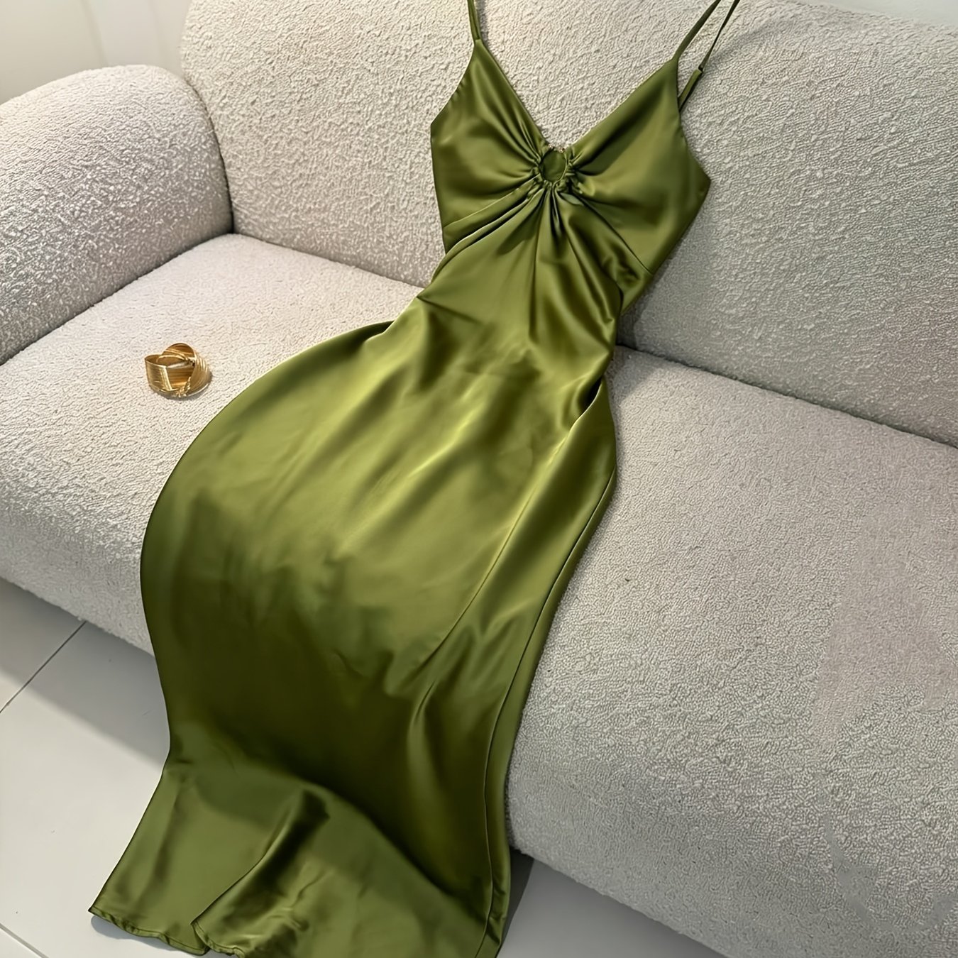 TEMU Women's Apparel, Elegant Party Dress With Satin Fabric And Metallic Half-hoop Embellishment, Suitable For Vacations, Balls, Streetwear,