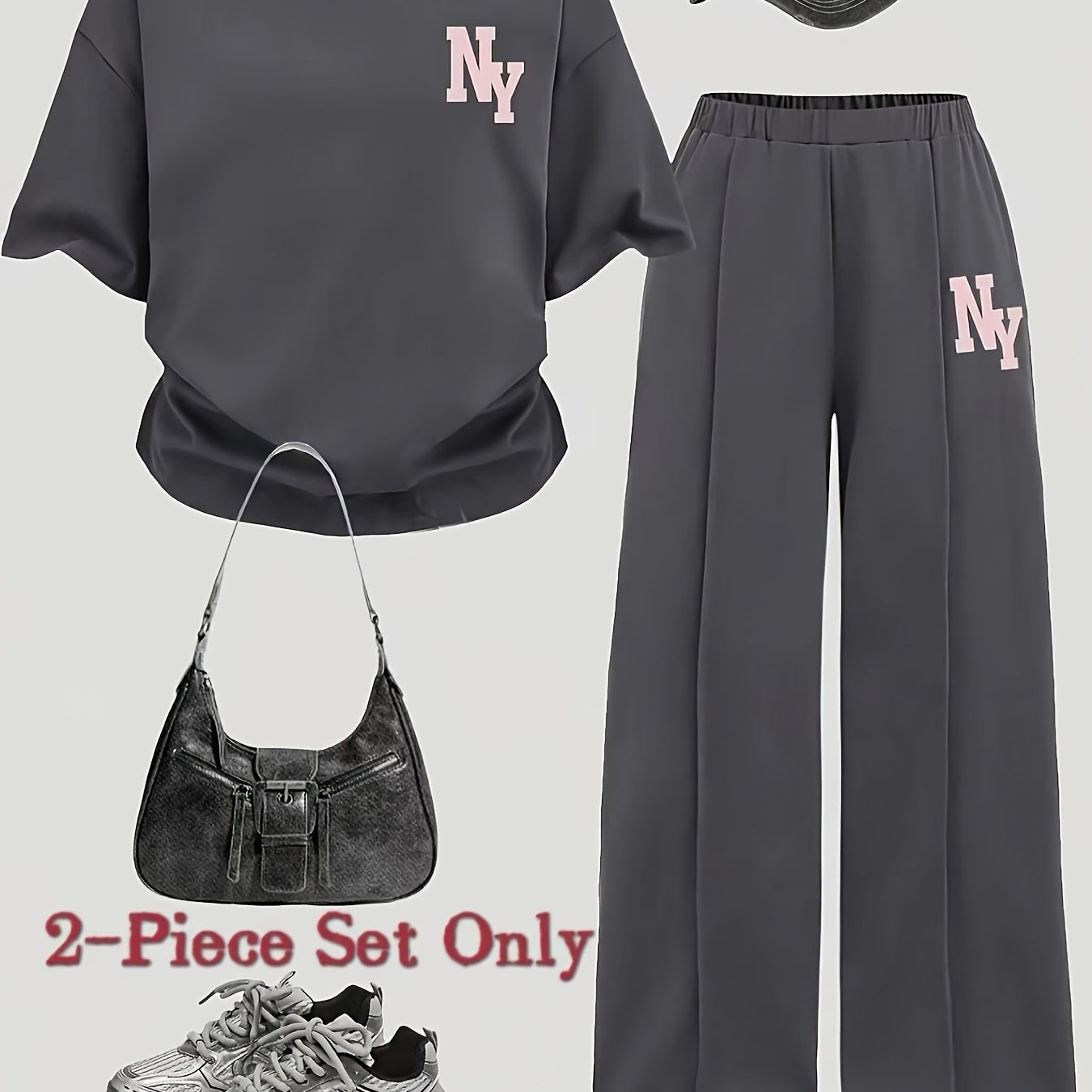 ( Selling Clothing, Additions Not Included) Girls' Casual Set, Letter Print Short Sleeve Top And Loose Long Pants Set, Summer Set For Young Girls, Suitable For And , Gray 2pcs Set, For Outdoor