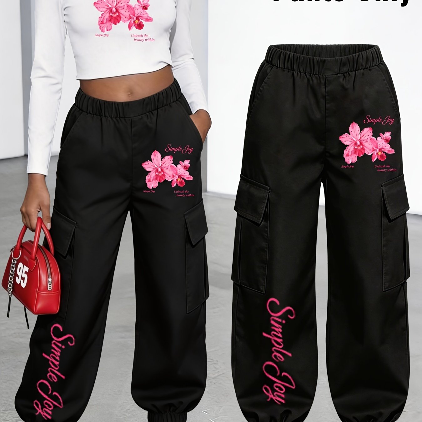 TEMU New Arrival Women's Long Pants (single Piece), Printed, Multi-pocket Cargo Style, Fashionable 18-25, Machine Washable, Durable Fabric - Perfect