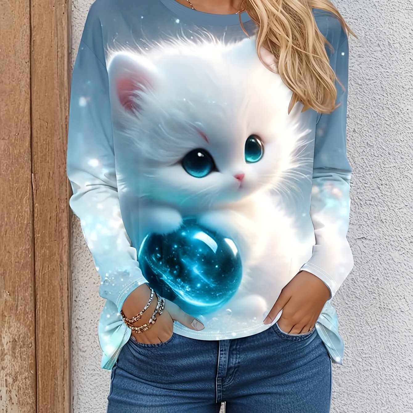 Women's Casual Long Sleeve T-shirt With Cute Cat Print - Soft And, Machine Washable, Round Neck