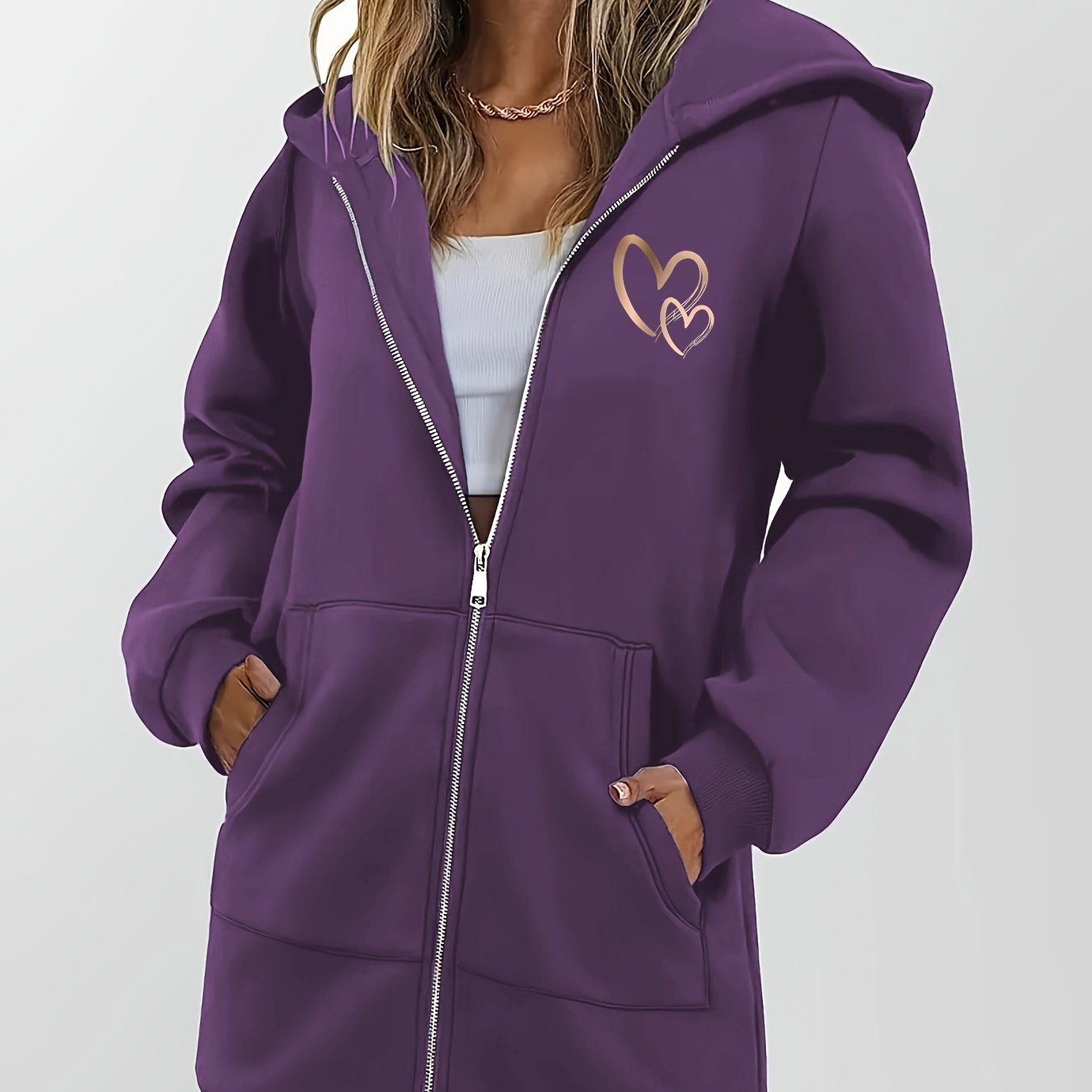 TEMU Gradient Color Heart Print Hooded Zipper Sweatshirt Women's Casual Versatile Zipper Cardigan Top