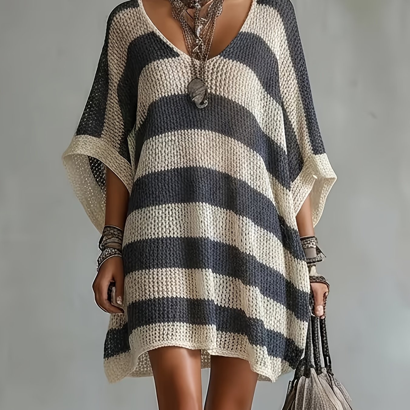 TEMU Qd260203010 Spring -block Wide Stripe Hollow Dress, Loose Batwing Sleeve V-neck Casual Beach Vacation Daily Outerwear Dress