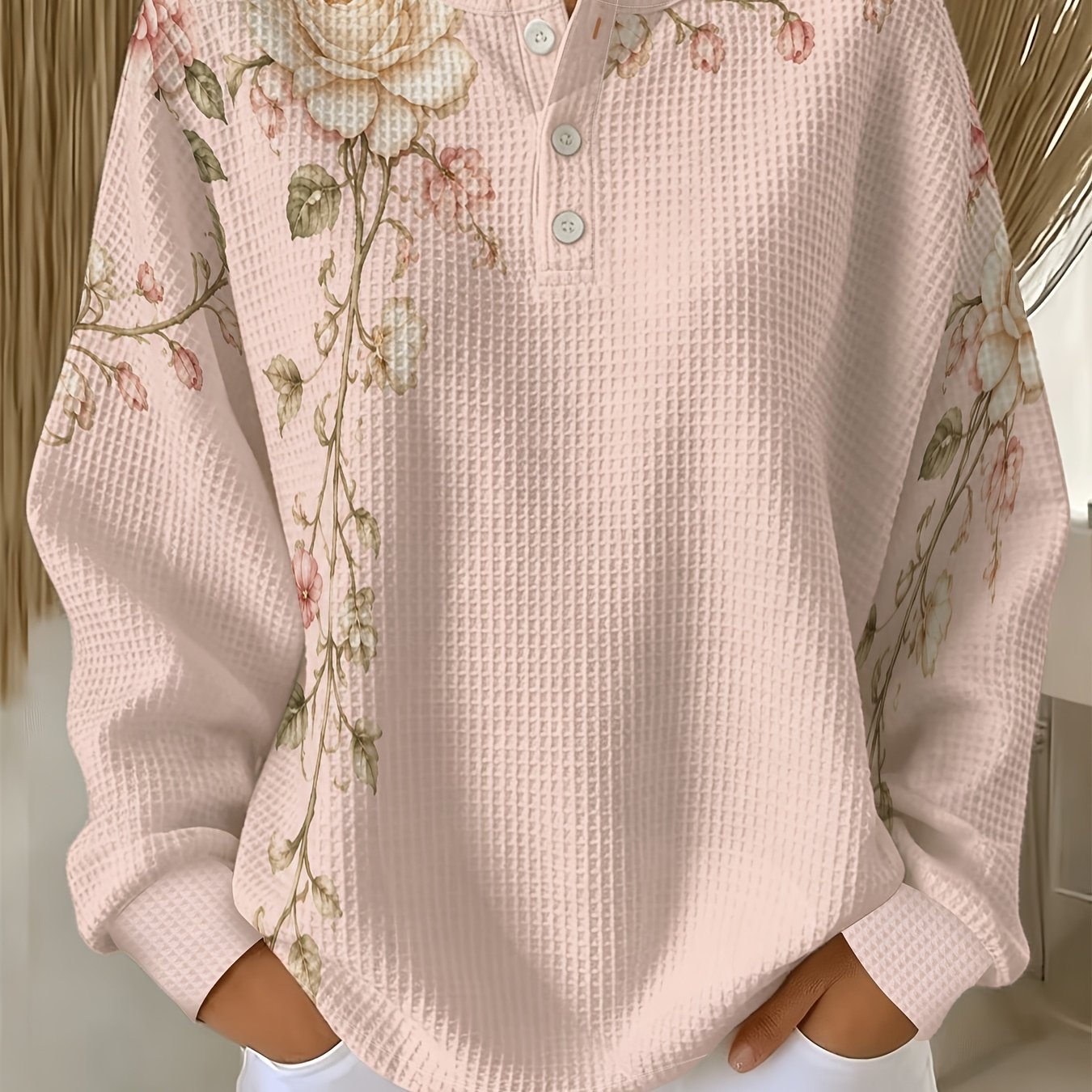 TEMU Women's Waffle Henley Shirt, Light Shoulder Rose Floral Long Sleeve T-shirt