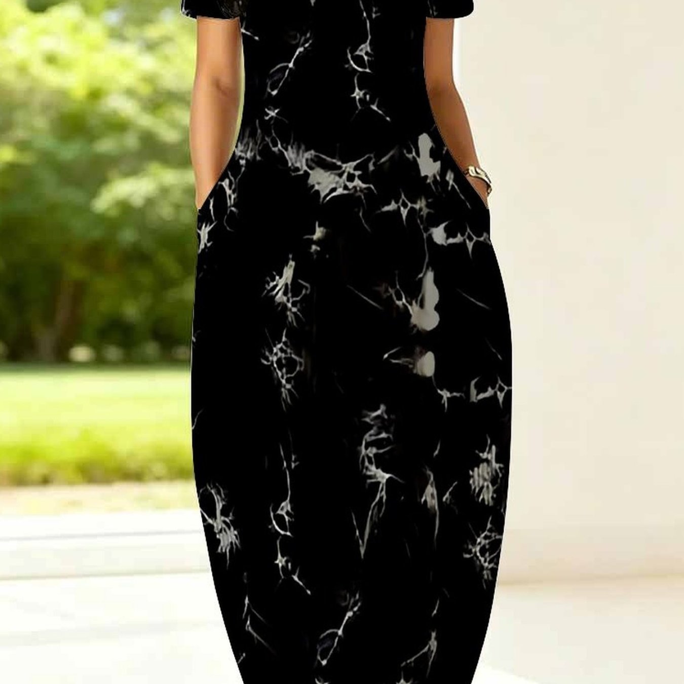 Image of Plus Size, Women's Dress, Women's Plus Size Dress, Tie Dye Style, Full Body Print, Party Occasion, Casual Vacation, Elegant Women's Fashion, Round Neck, Short Sleeved Pocket Dress
