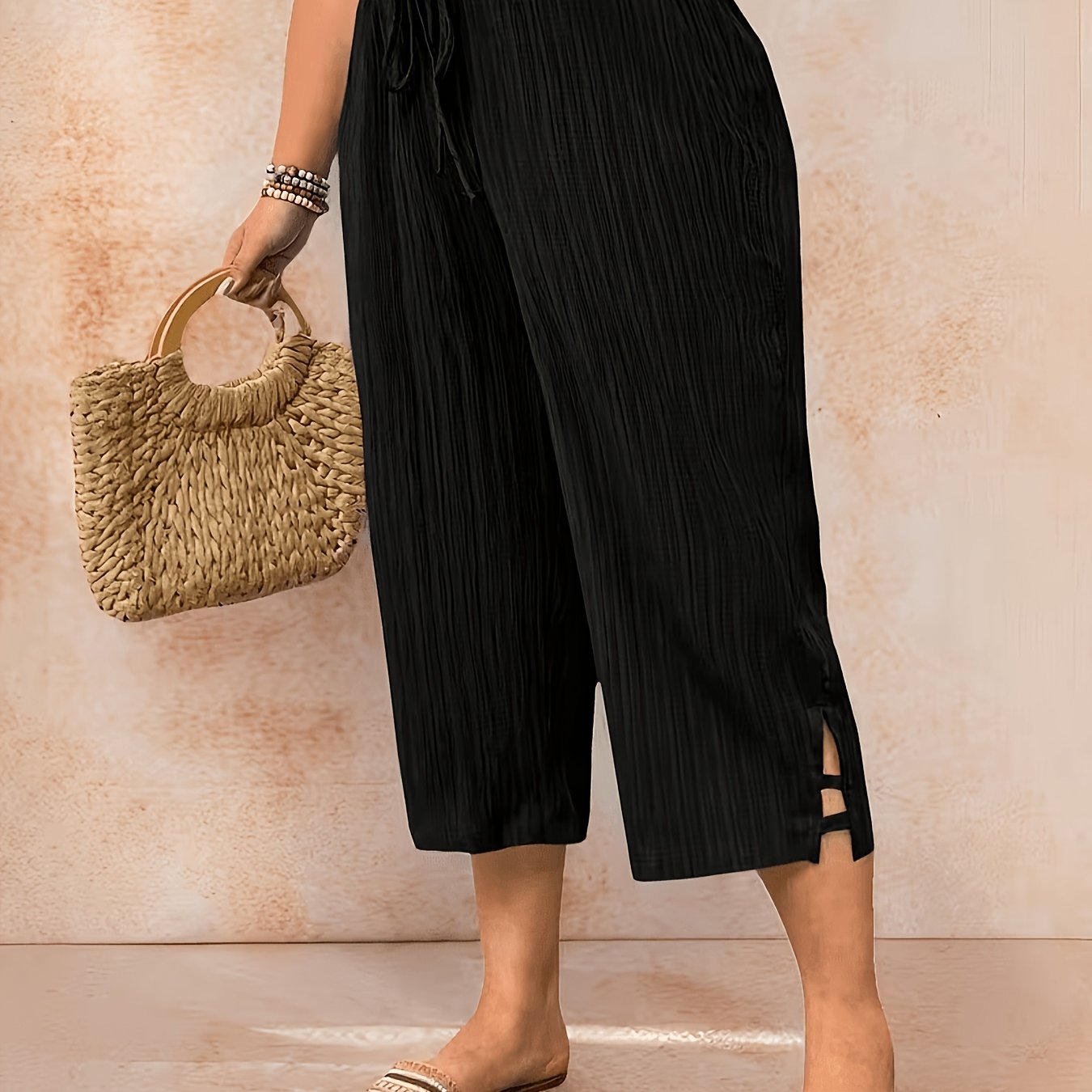 TEMU Plus Size, Women's Plus Size Casual Capri Pants, Solid Color And Elegant, Suitable For Daily Wear, Parties, And Commuting