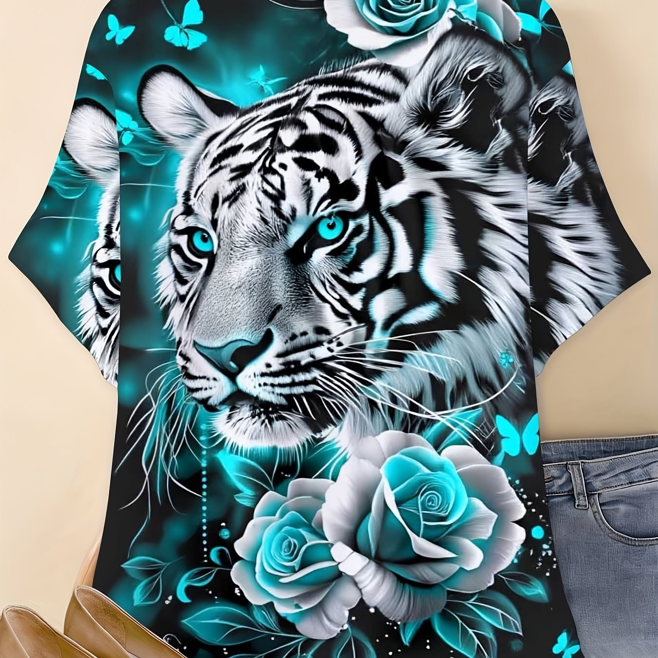TEMU Plus Size, Plus Sizes Women's Short Sleeve T-shirt With Tiger Rose Floral Print| Casual Summer Top, Suitable For Daily Wear, Round Neck, Regular
